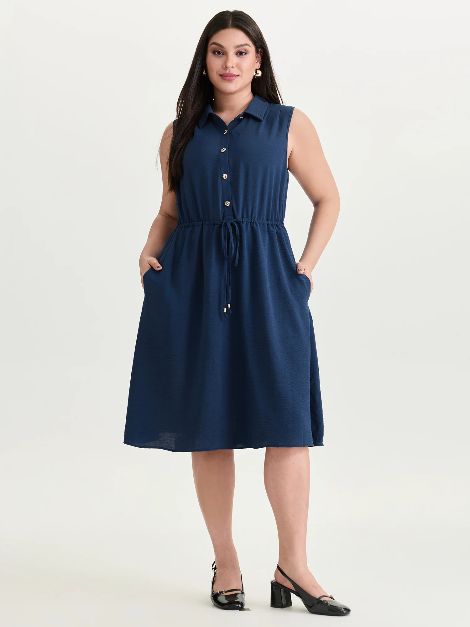 Collar Button Detail Waist Drawstring Mini Dress - Image 3
