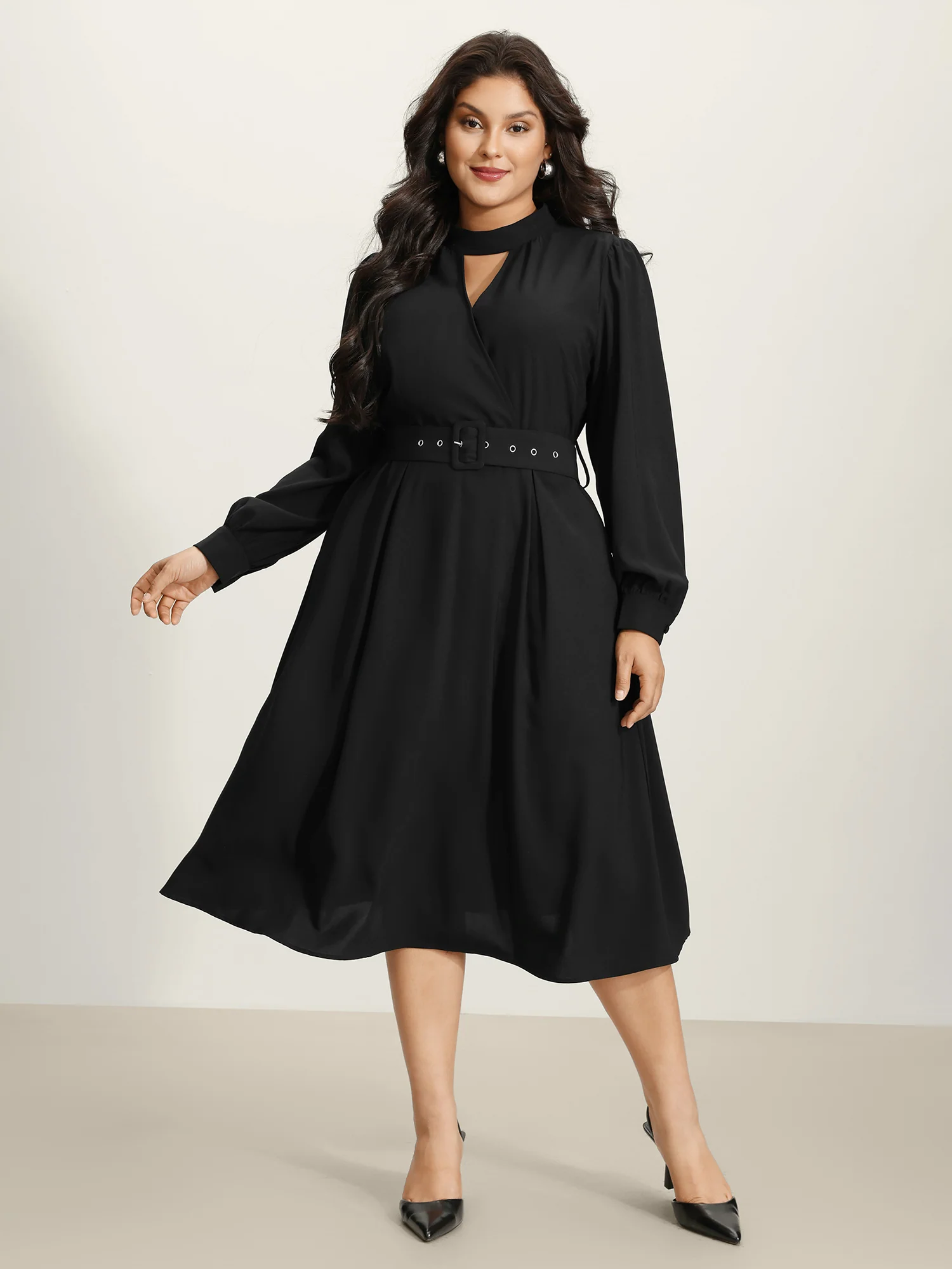 Collar Cut-Out Waist Tie Midi Dress - Image 3