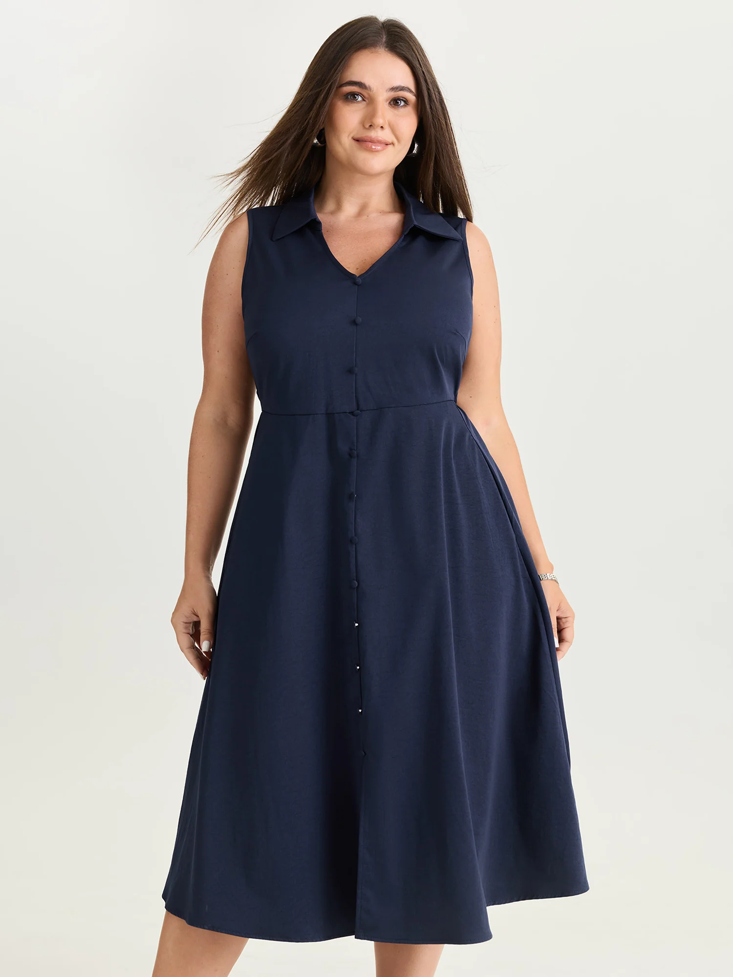 Collar Pockets Button Detail Midi Dress