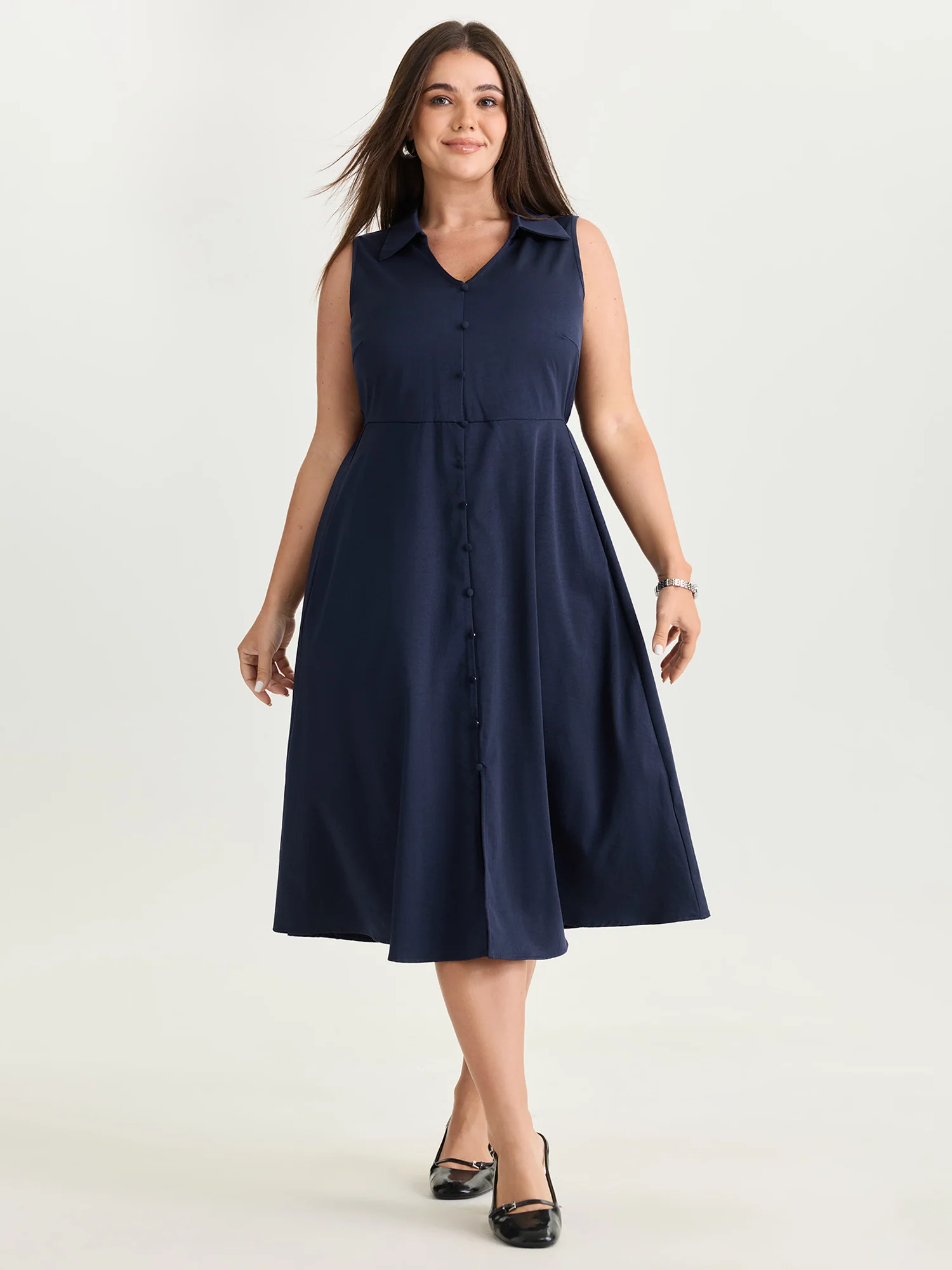 Collar Pockets Button Detail Midi Dress - Image 3