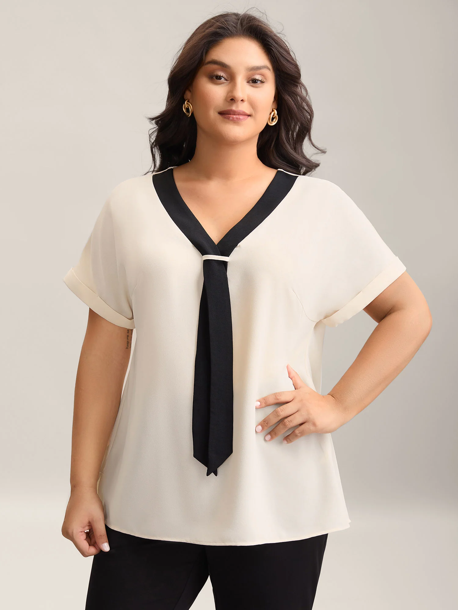 Collar Tie Color Contrast Blouse
