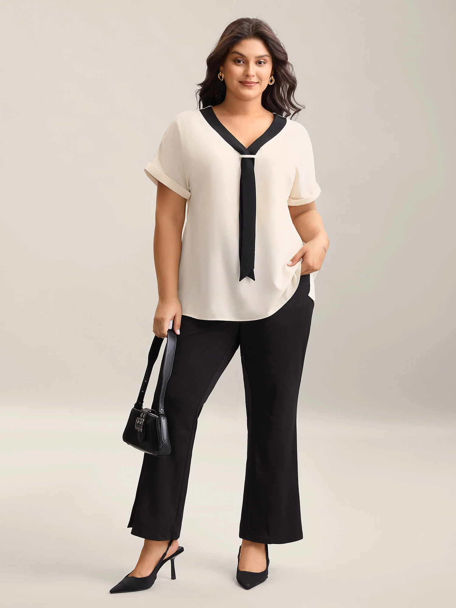 Collar Tie Color Contrast Blouse - Image 3