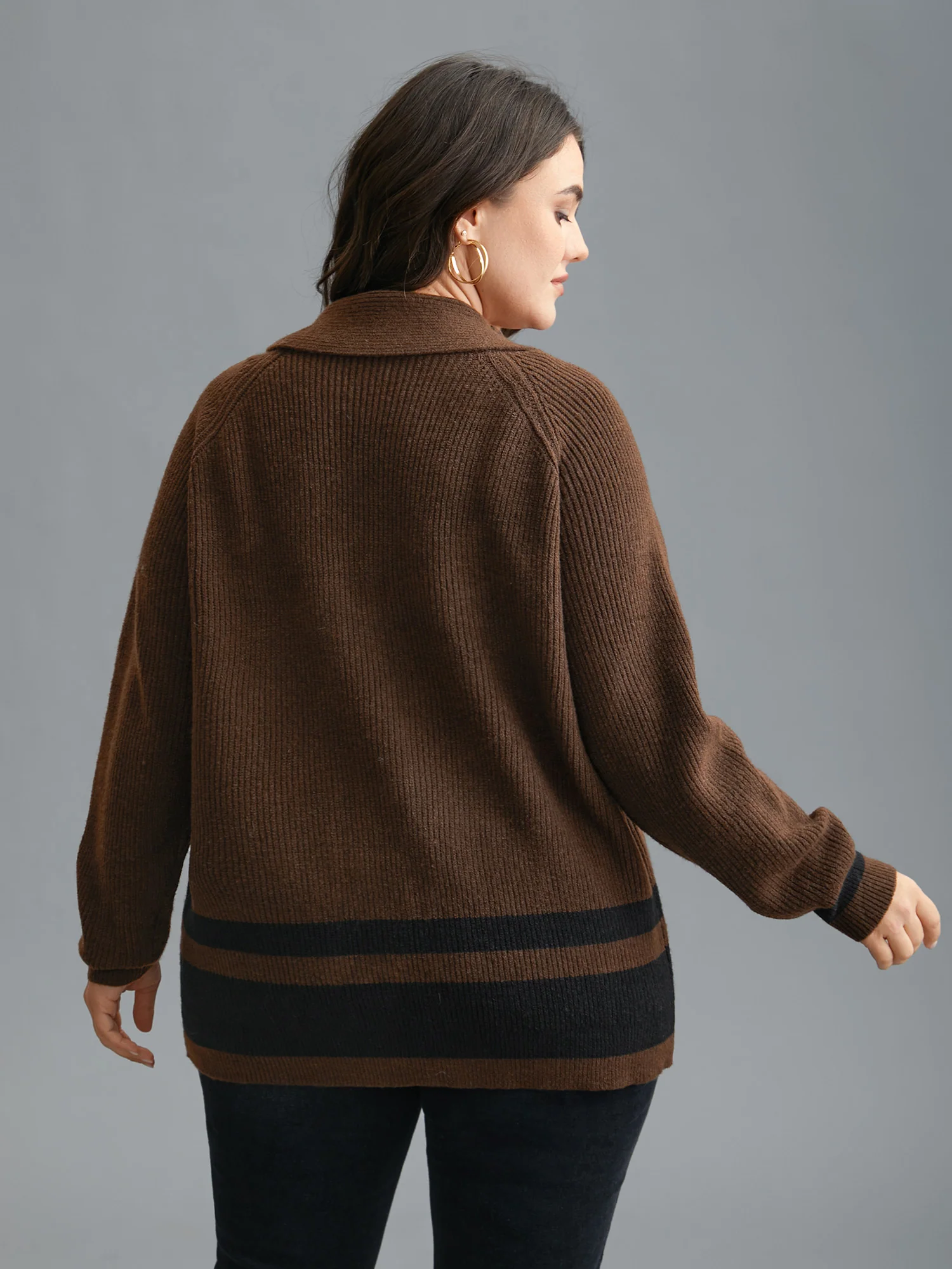 Collared Button Front Striped Hem Knit Cardigan - Image 2