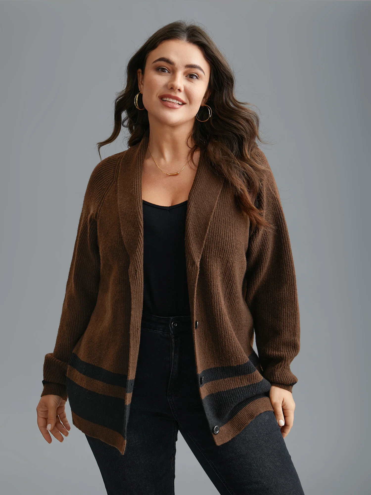 Collared Button Front Striped Hem Knit Cardigan - Image 4