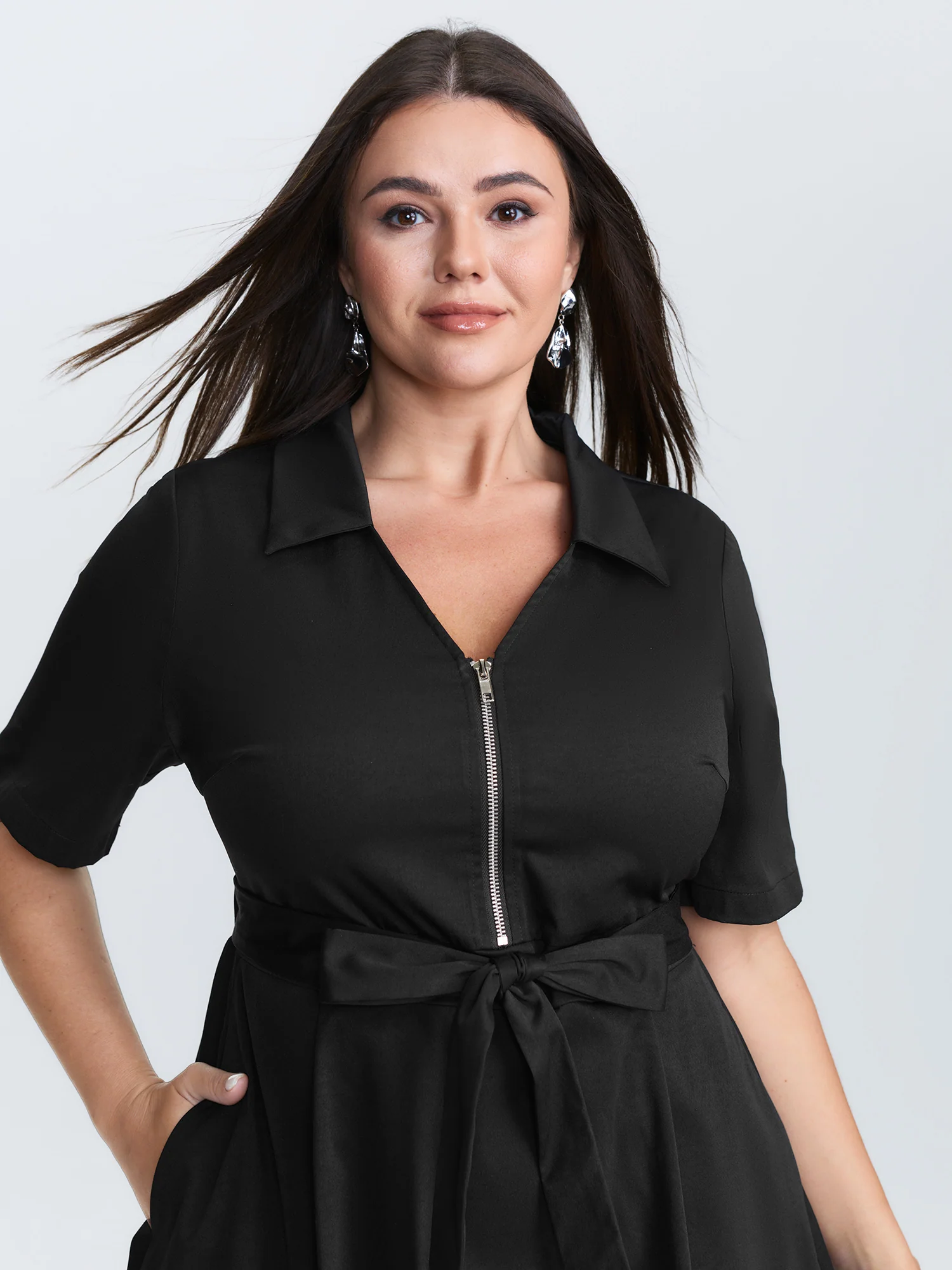 Collared Zipper Waist-Tie Maxi Dress - Image 2