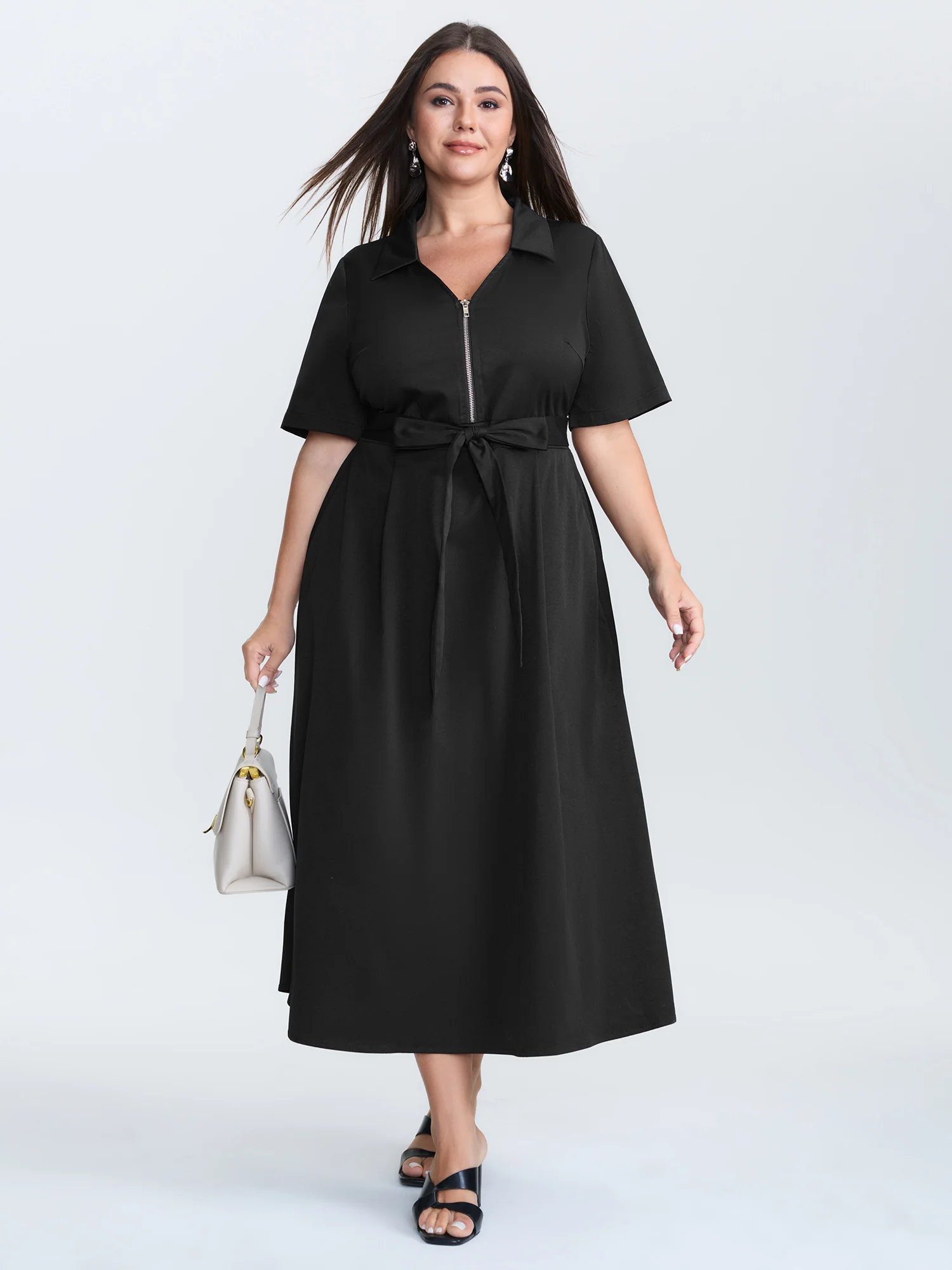 Collared Zipper Waist-Tie Maxi Dress - Image 3