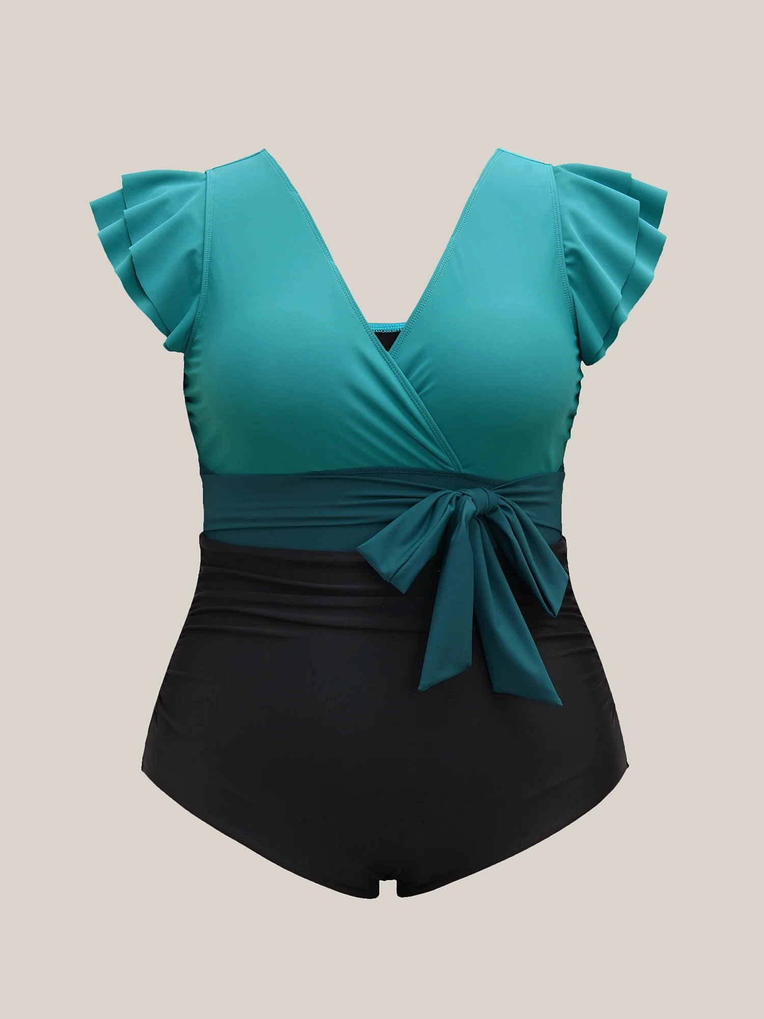 Color Block Belted Ruffle Sleeve One-Piece Swimsuit - Image 7