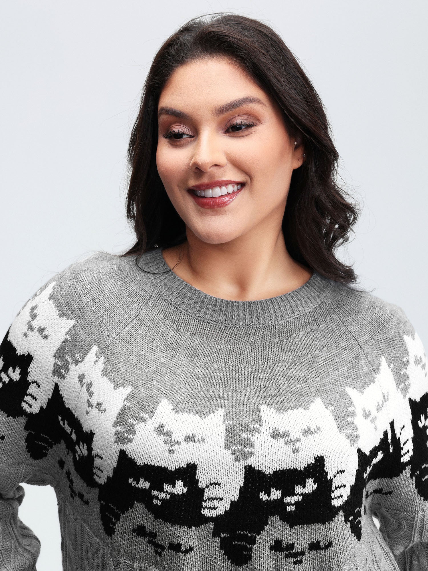 Color Block Cat Pattern Arc Hem Pullover - Image 2