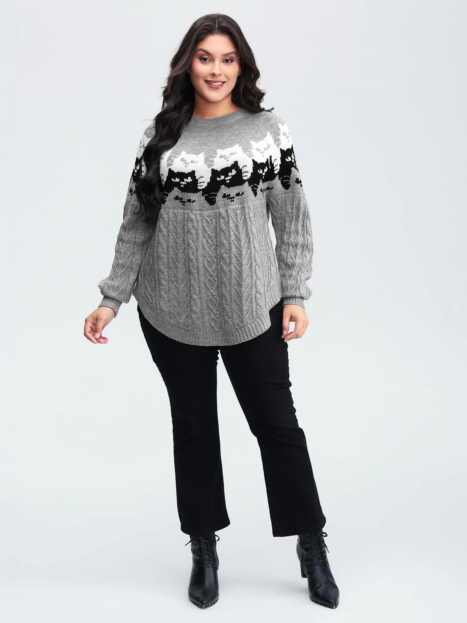 Color Block Cat Pattern Arc Hem Pullover - Image 3