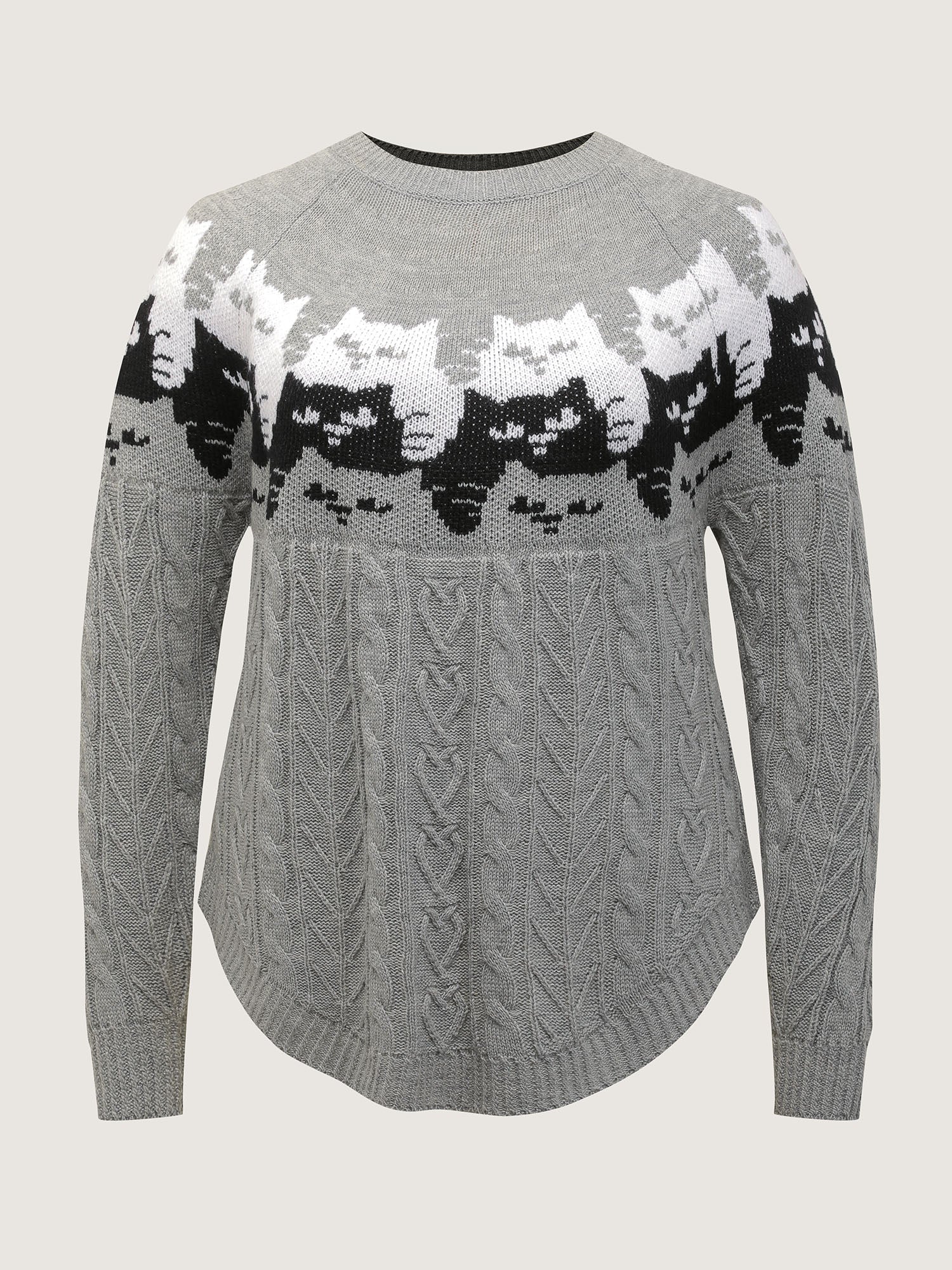 Color Block Cat Pattern Arc Hem Pullover - Image 7
