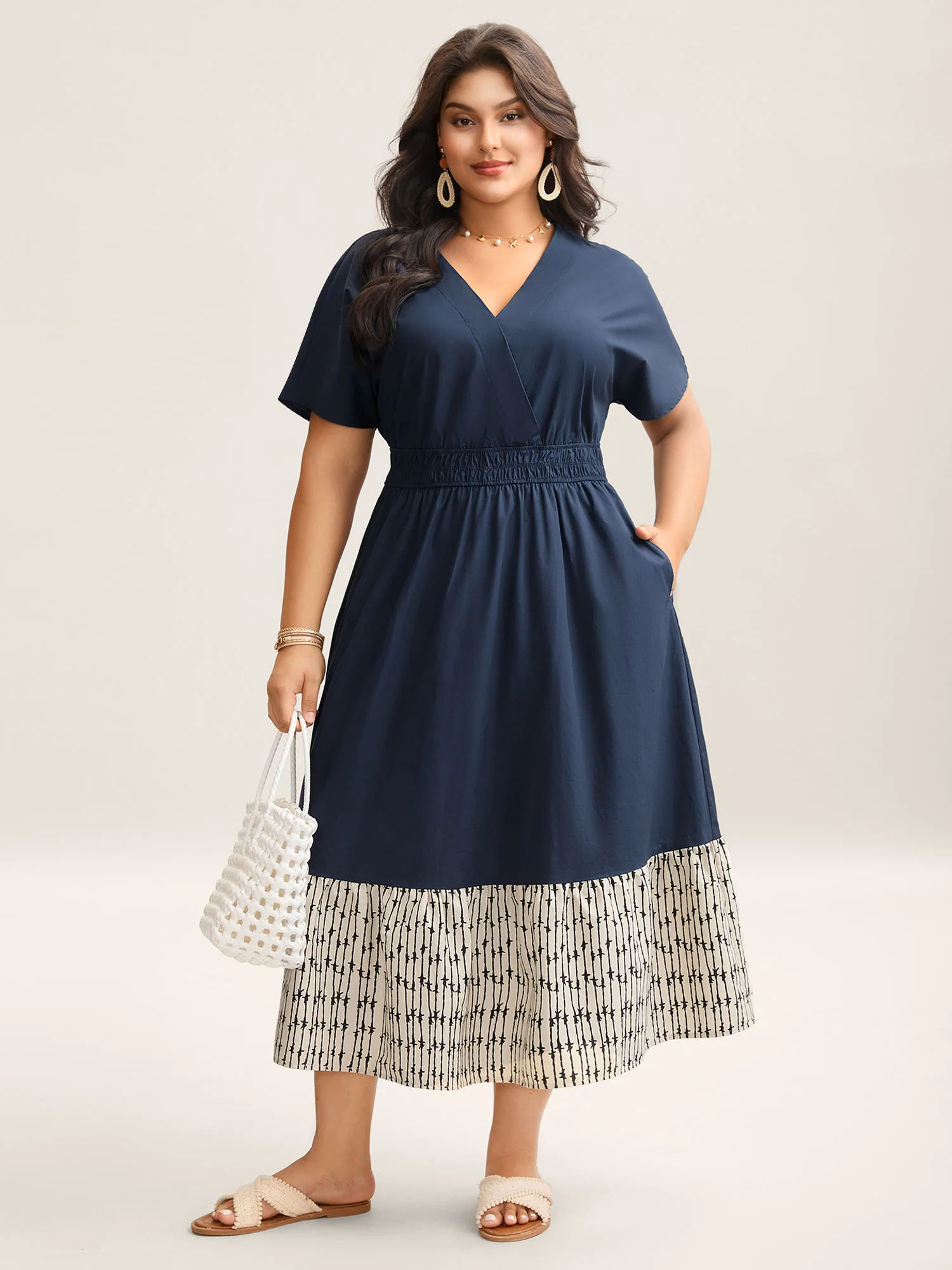 Cotton Color Block Cinched-Waist Spliced Midi Dress - Image 3