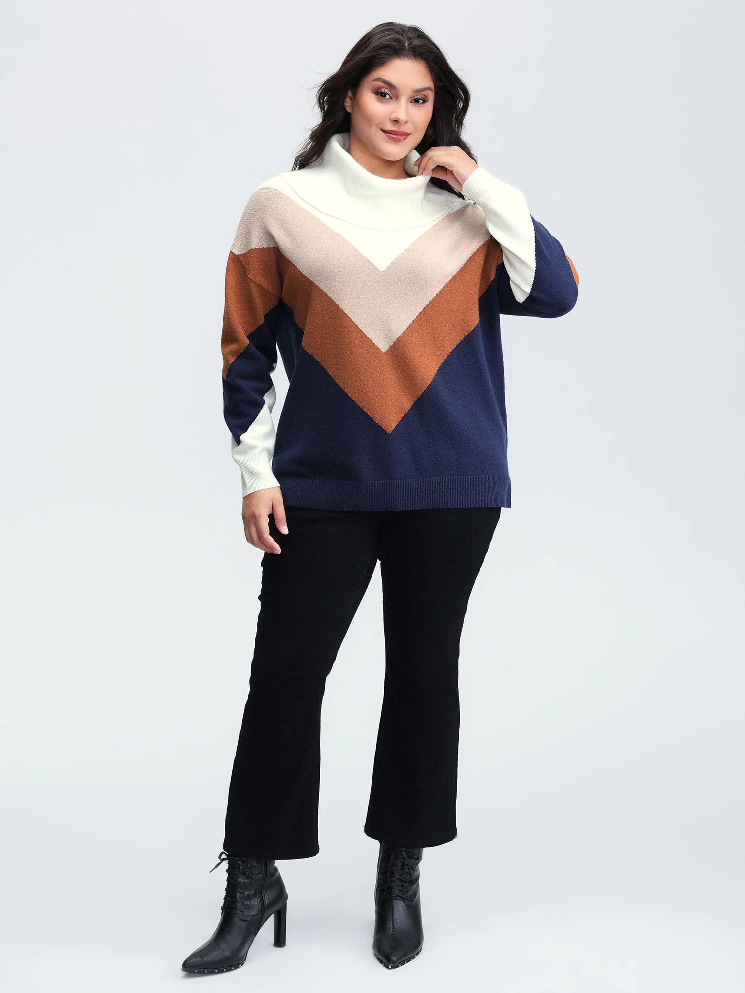 Color Block Cowl Neck Knit Pullover - Image 3