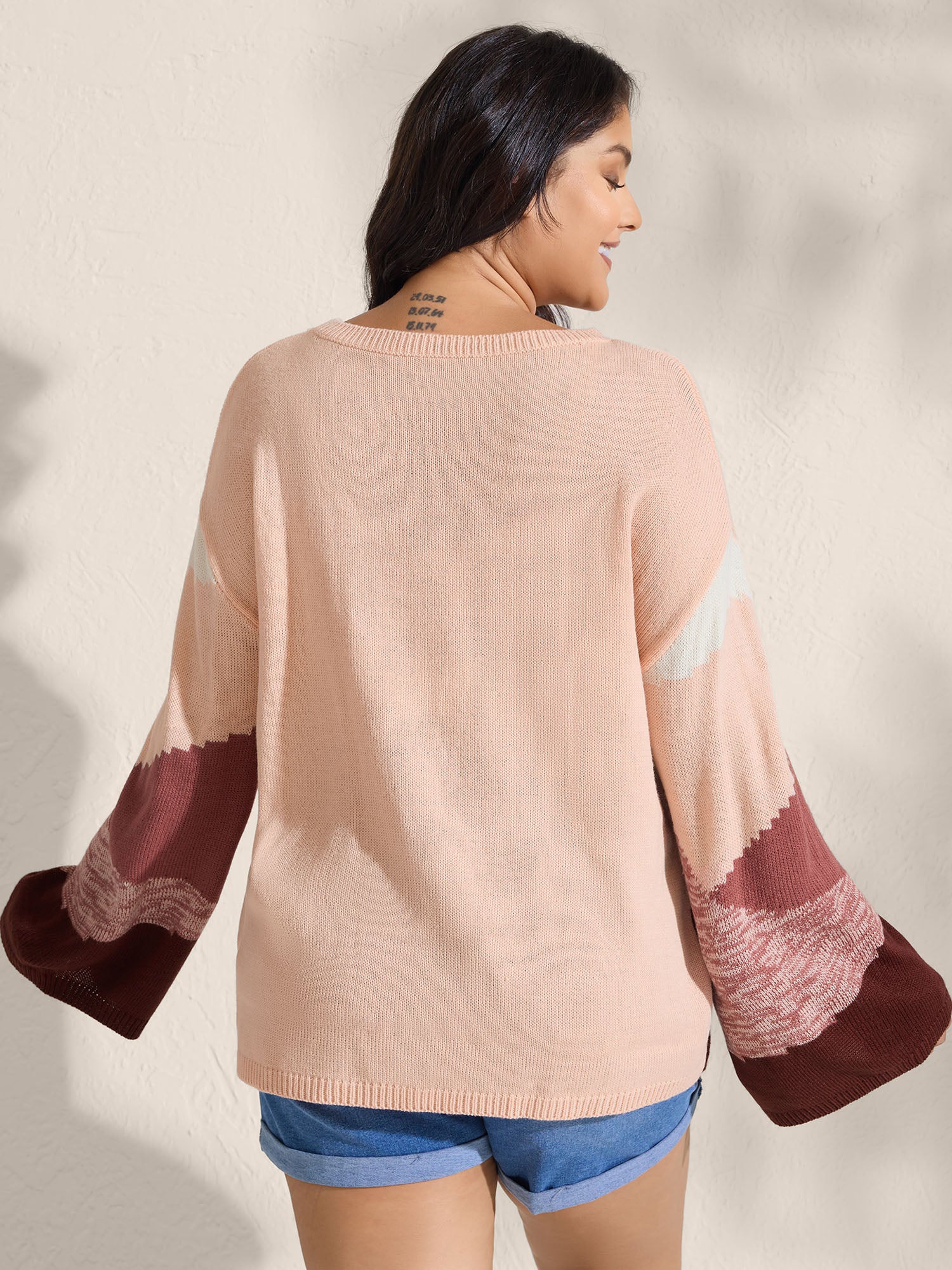 Color Block Drop Shoulder Ribbed Hem Pullover - Image 4
