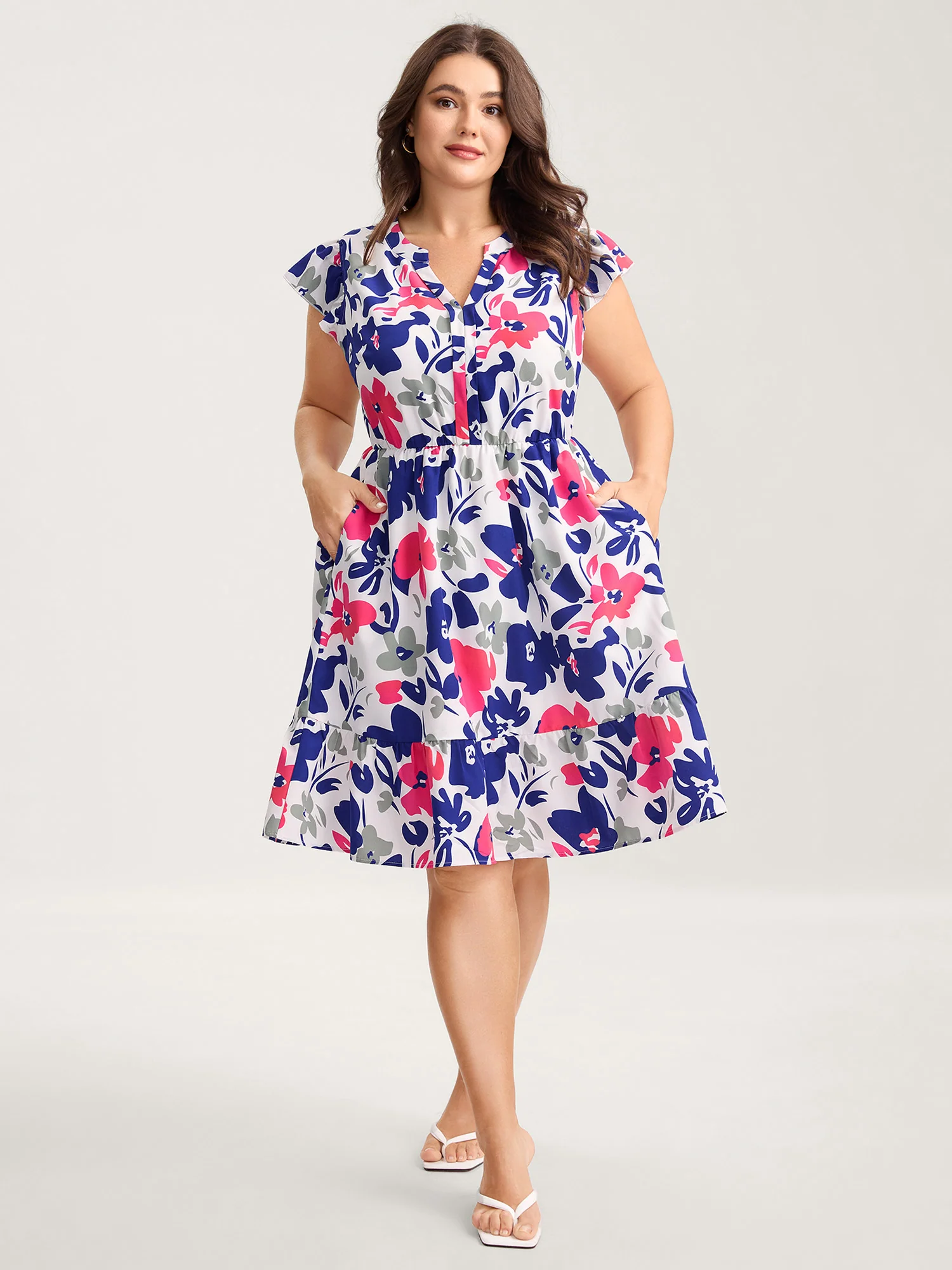Color Block Floral Print Notched Mini Dress - Image 3