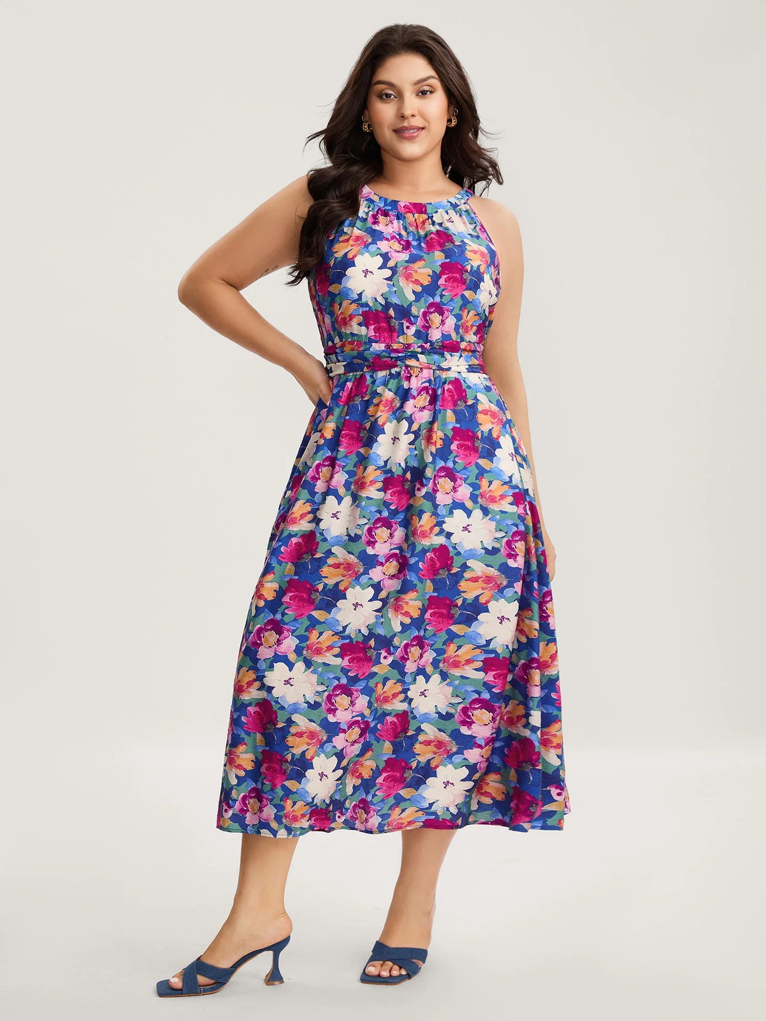 Color Block Floral Shirred Waist Midi Dress - Image 3