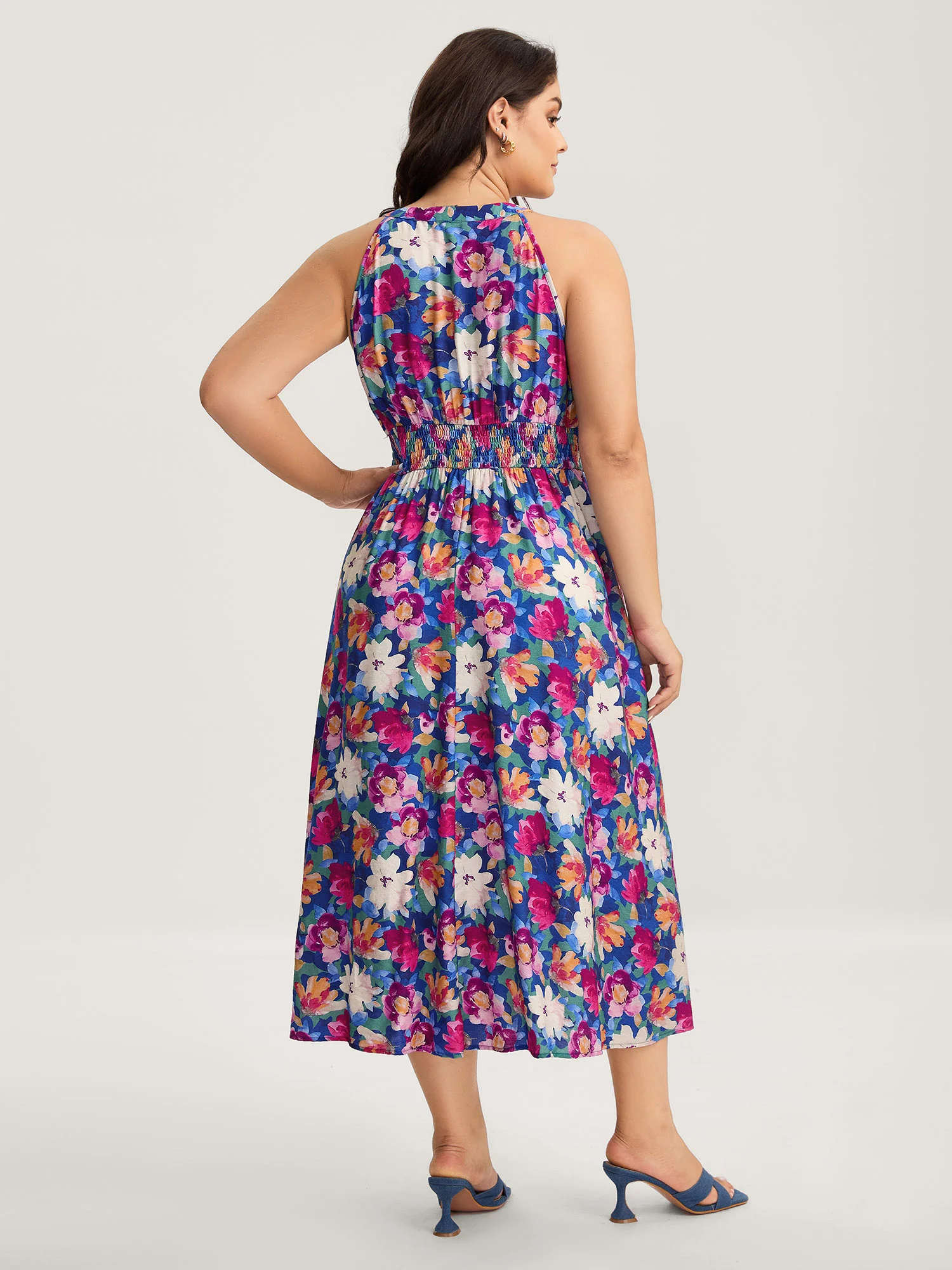 Color Block Floral Shirred Waist Midi Dress - Image 4