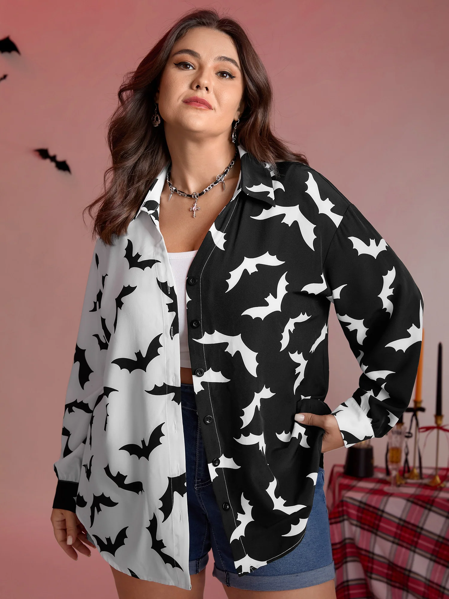 Color Block Flying Bats Button-Down Shirt