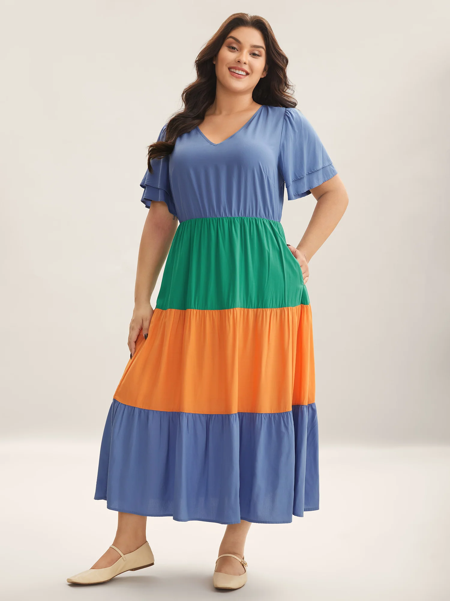 Rayon Color Block Layered Sleeve Maxi Dress - Image 3