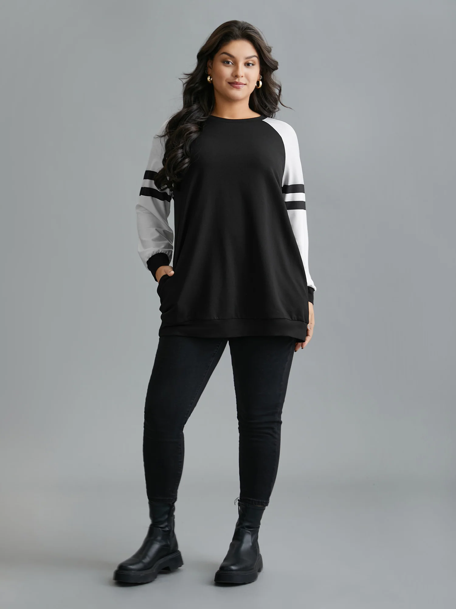 Color Block Raglan Sleeve Stretchy Sweatshirt - Image 2