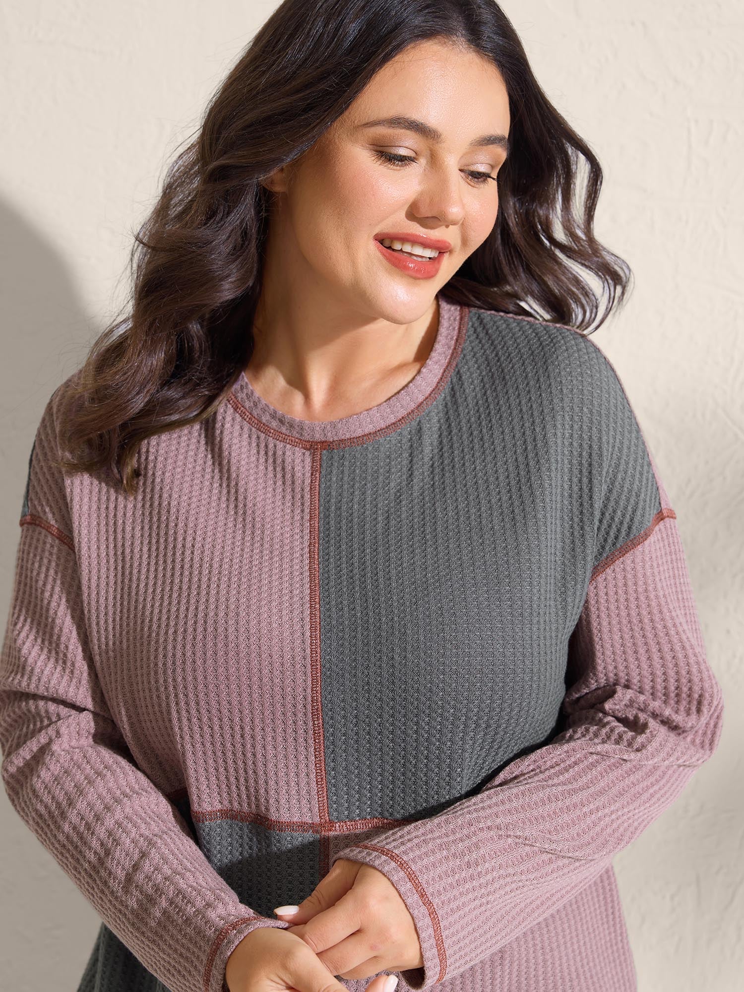 Color Block Ribbed Drop Shoulder T-Shirt - Image 2