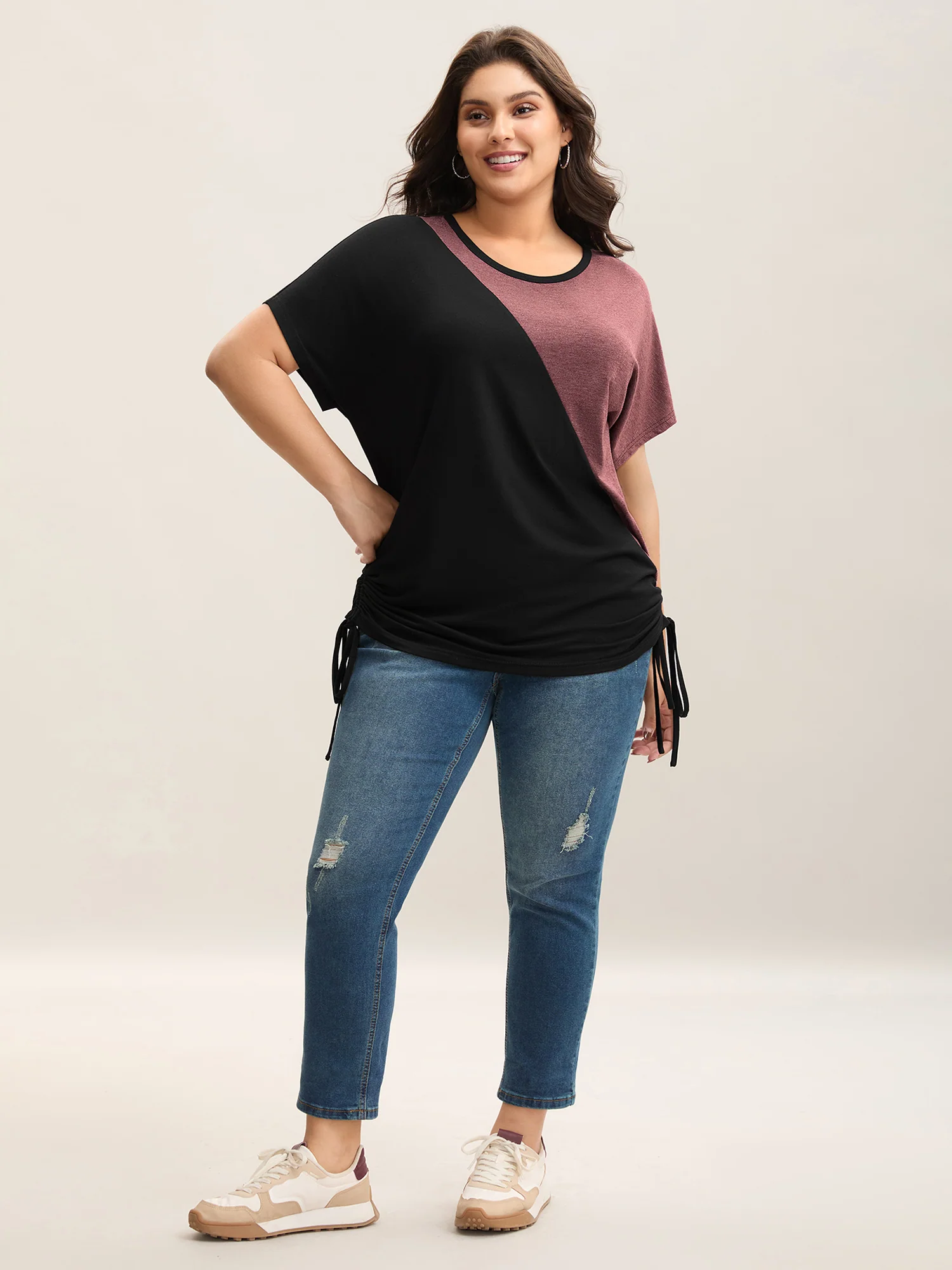 Color Block Ruched Drawstring T-Shirt - Image 3