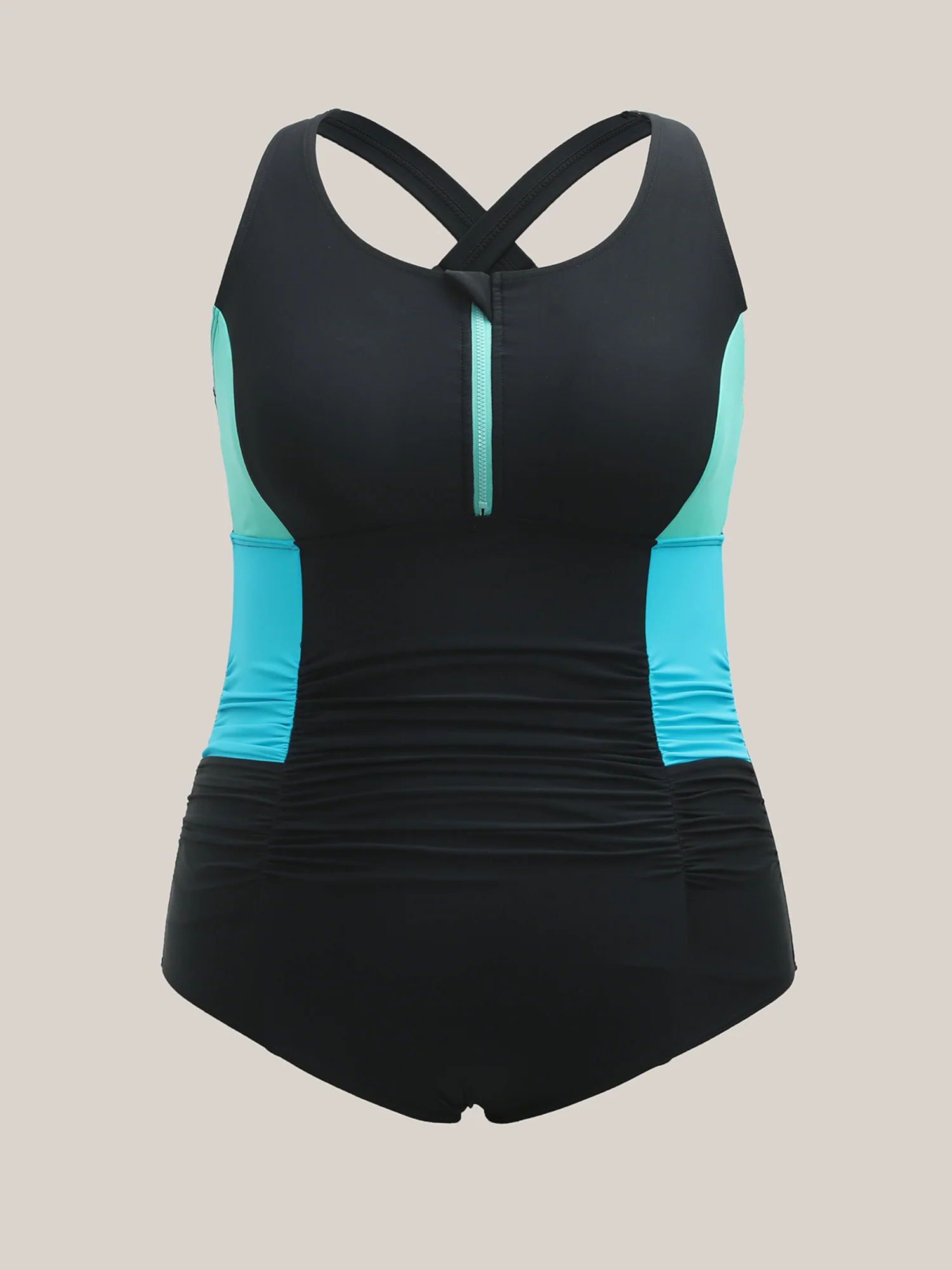 Color Block Zipper Front One-Piece Swimsuit - Image 7
