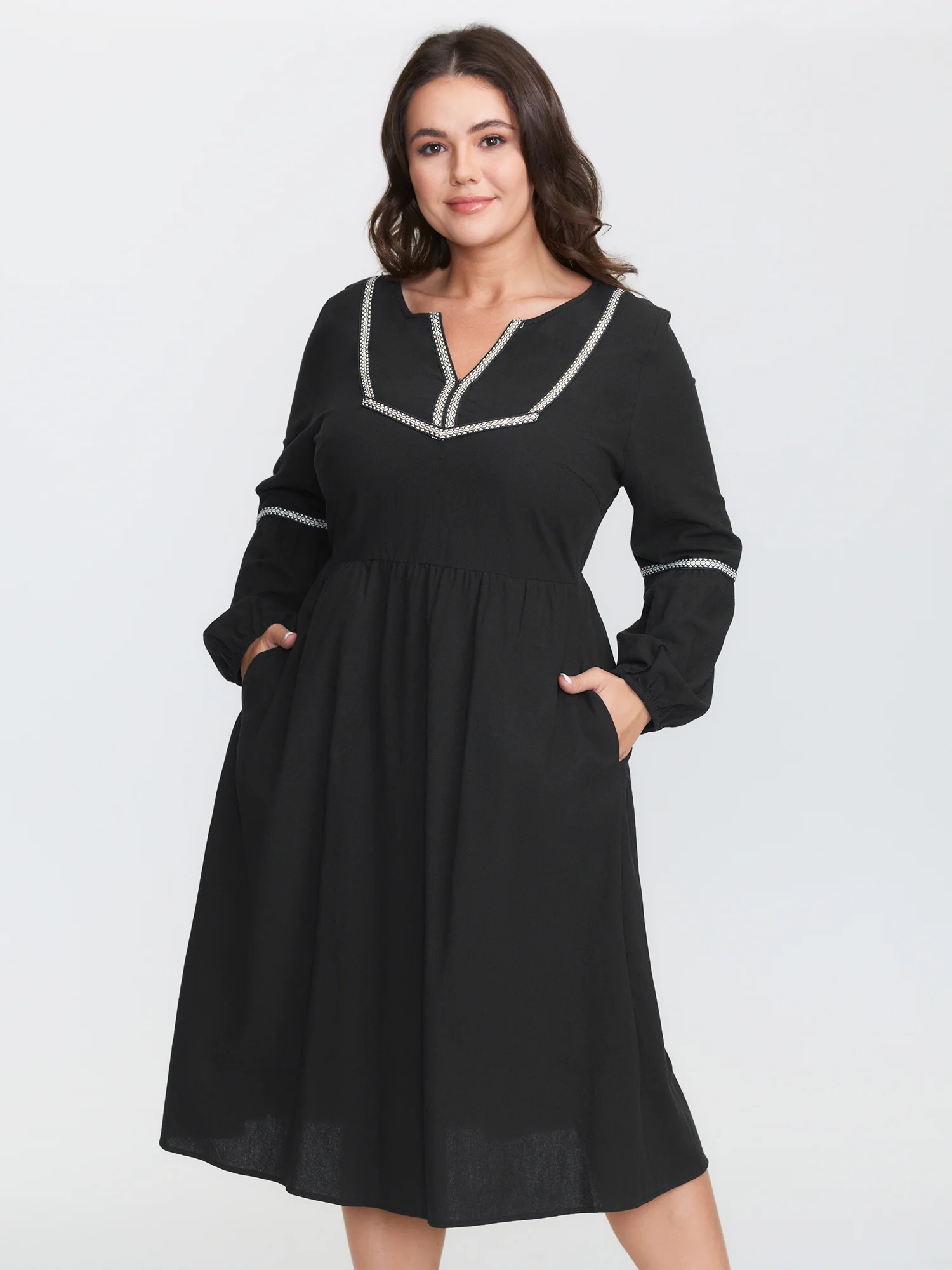 Color Contrast Balloon Sleeve Midi Dress - Image 2