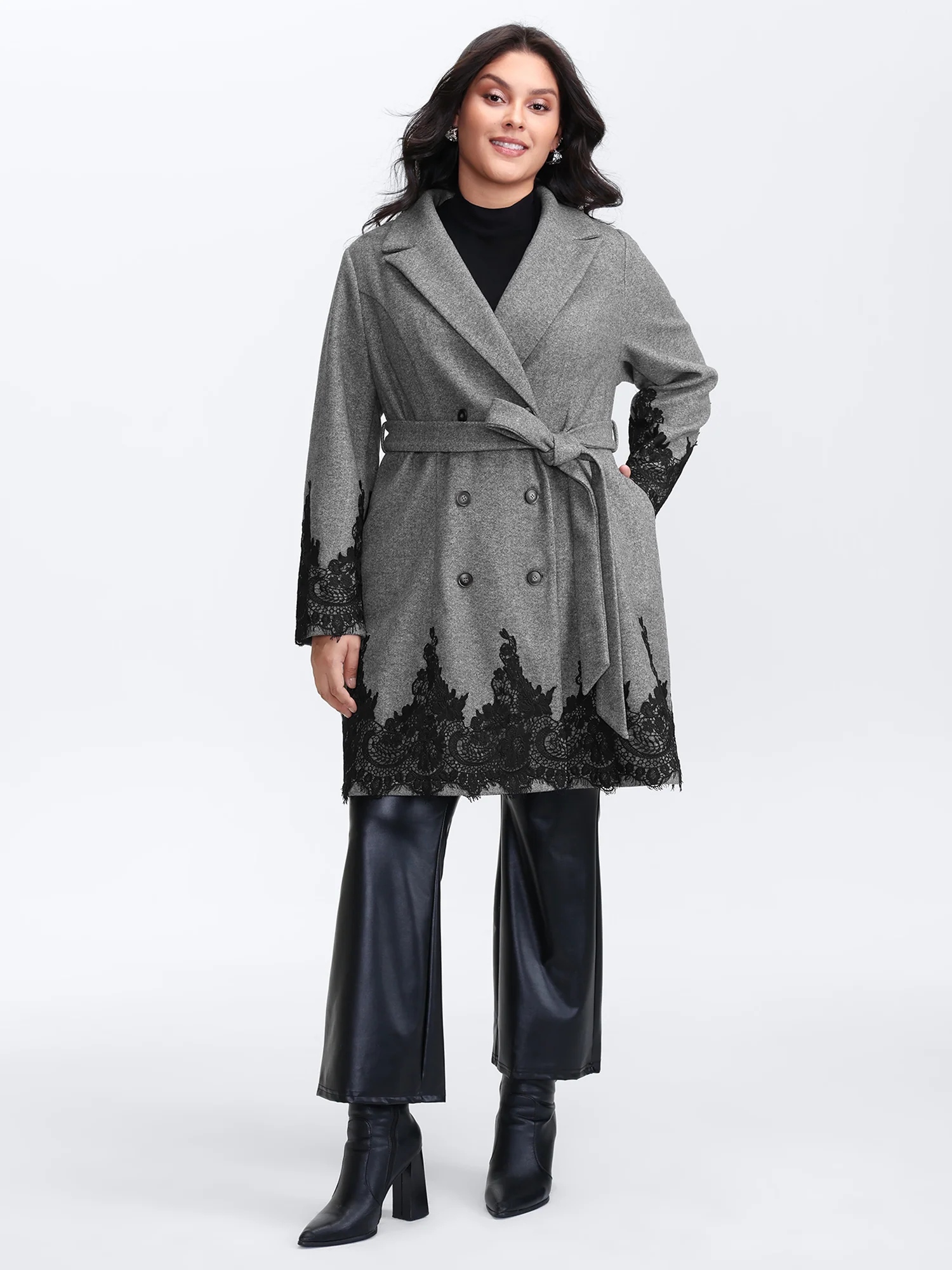 Color Contrast Belted Lace Coat - Image 4
