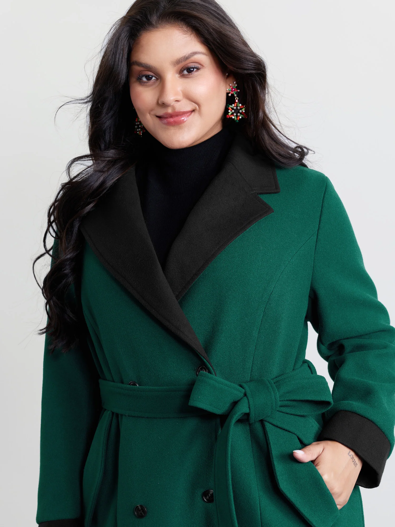 Color Contrast Belted Lined Coat - Image 2