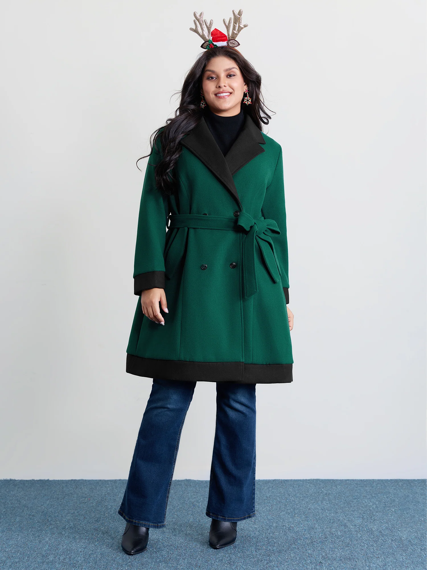 Color Contrast Belted Lined Coat - Image 3