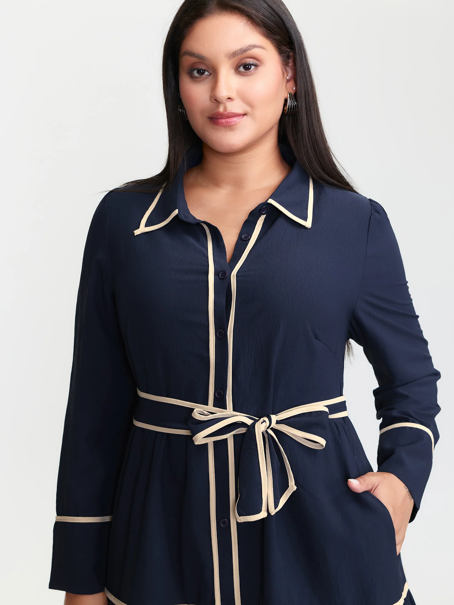 Color Contrast Belted Maxi Shirt Dress - Image 2