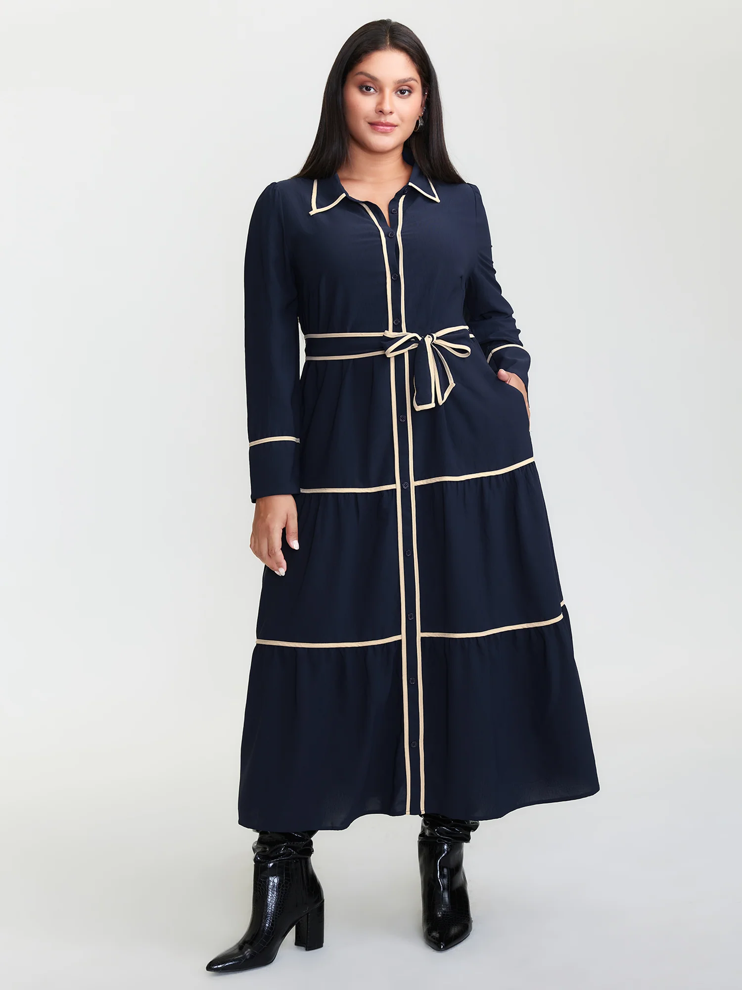 Color Contrast Belted Maxi Shirt Dress - Image 3