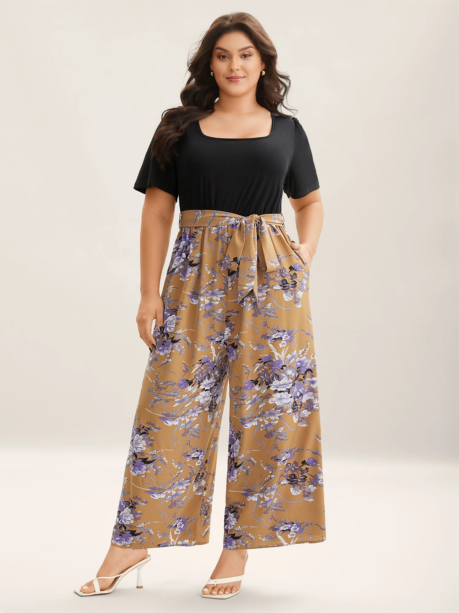 Color Contrast Belted Panel Pockets Jumpsuit - Image 8