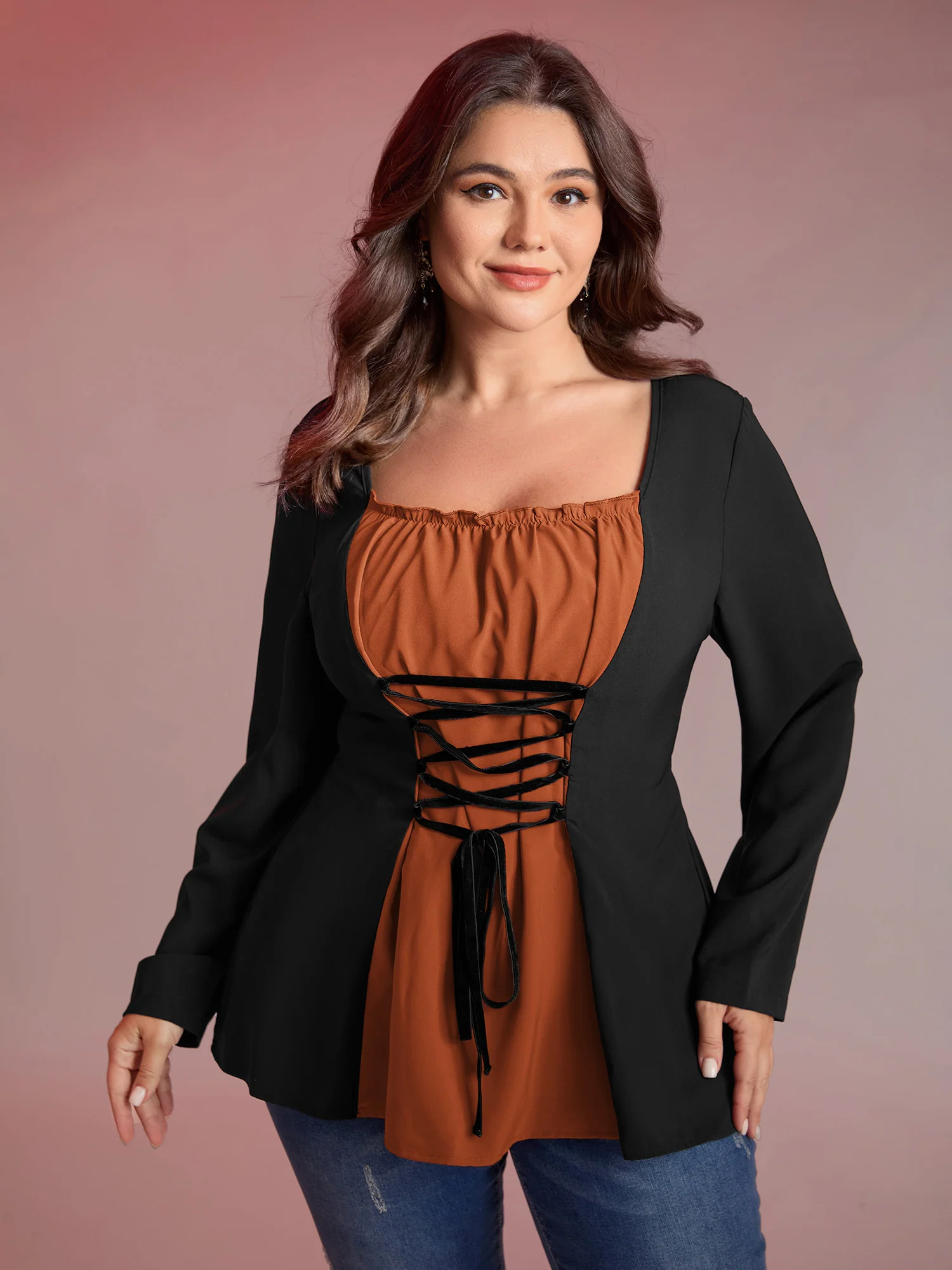Color Contrast Cinched-Waist Knit Top - Image 2