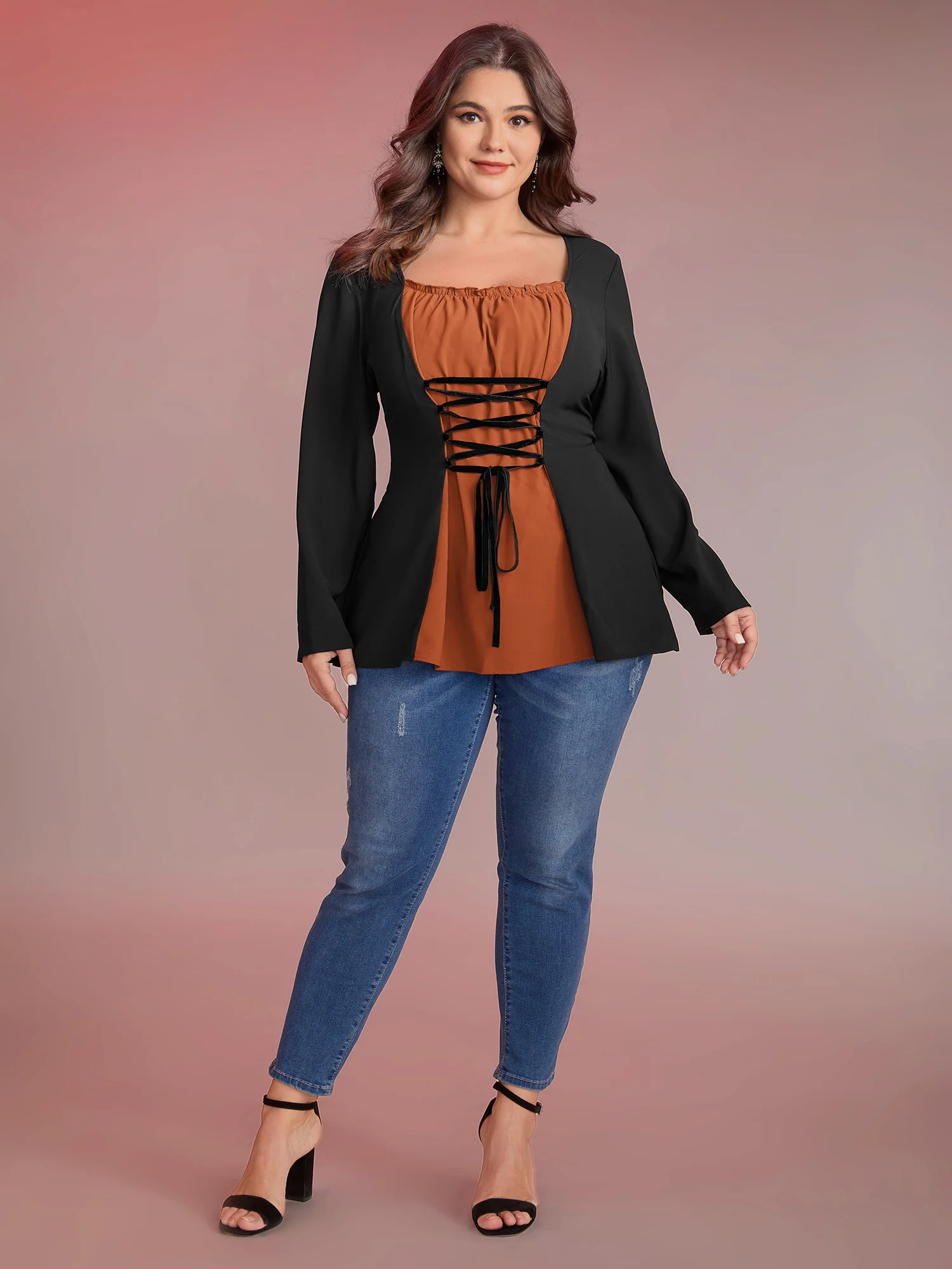 Color Contrast Cinched-Waist Knit Top - Image 3