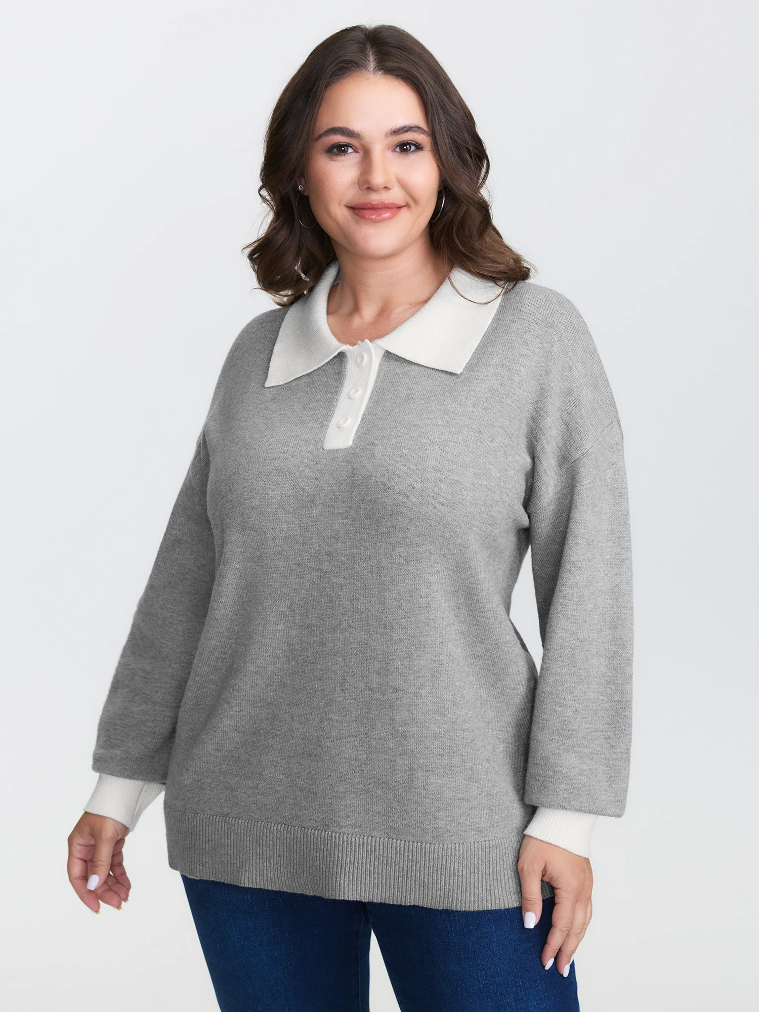 Color Contrast Collar Ribbed Hem Pullover