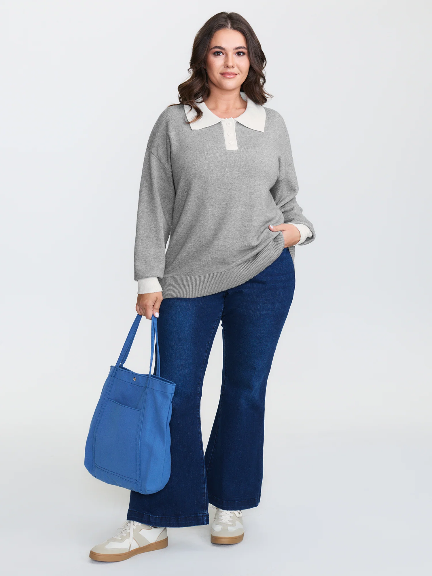 Color Contrast Collar Ribbed Hem Pullover - Image 2