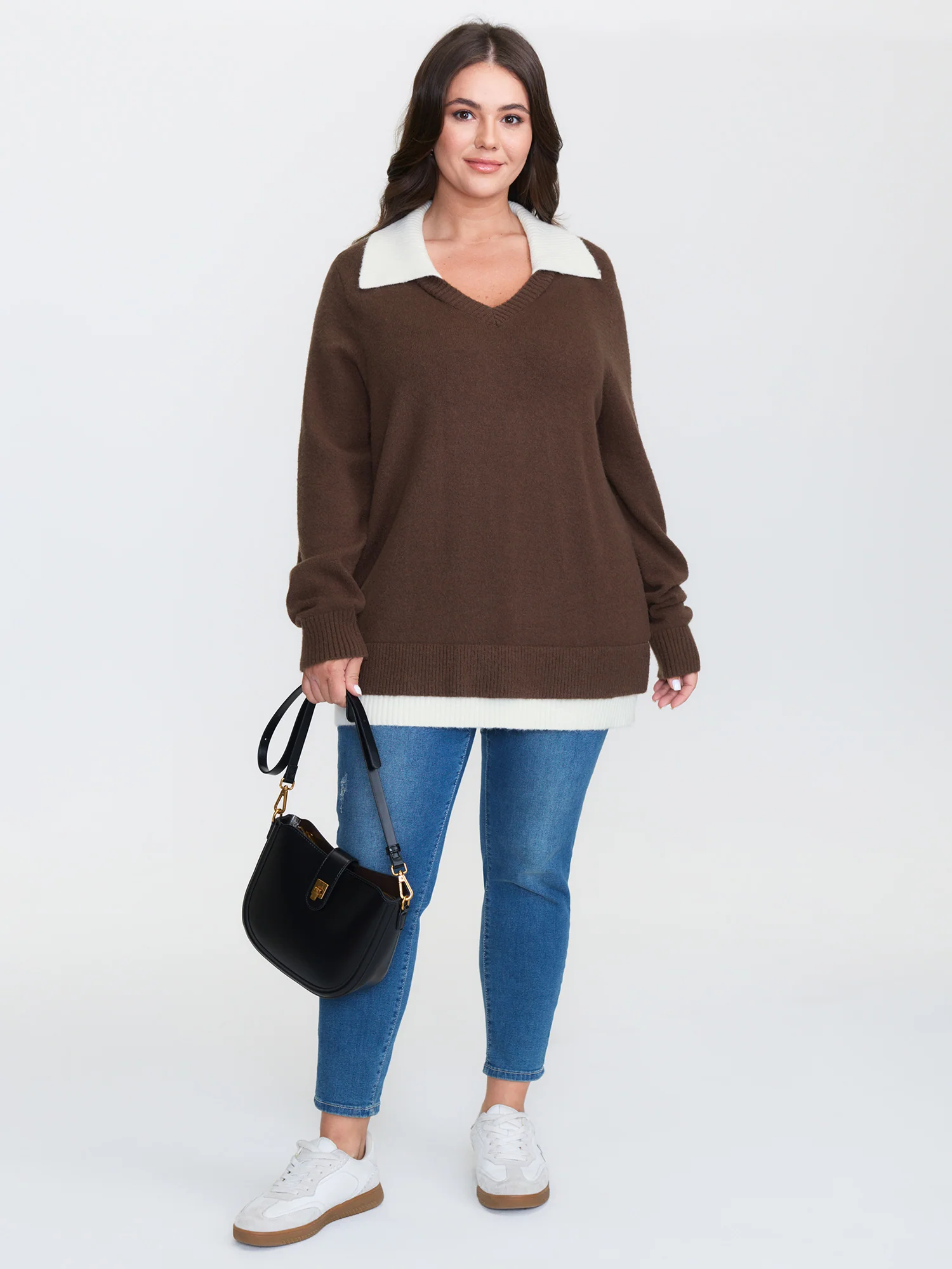 Color Contrast Collar Ribbed Hem Pullover - Image 2