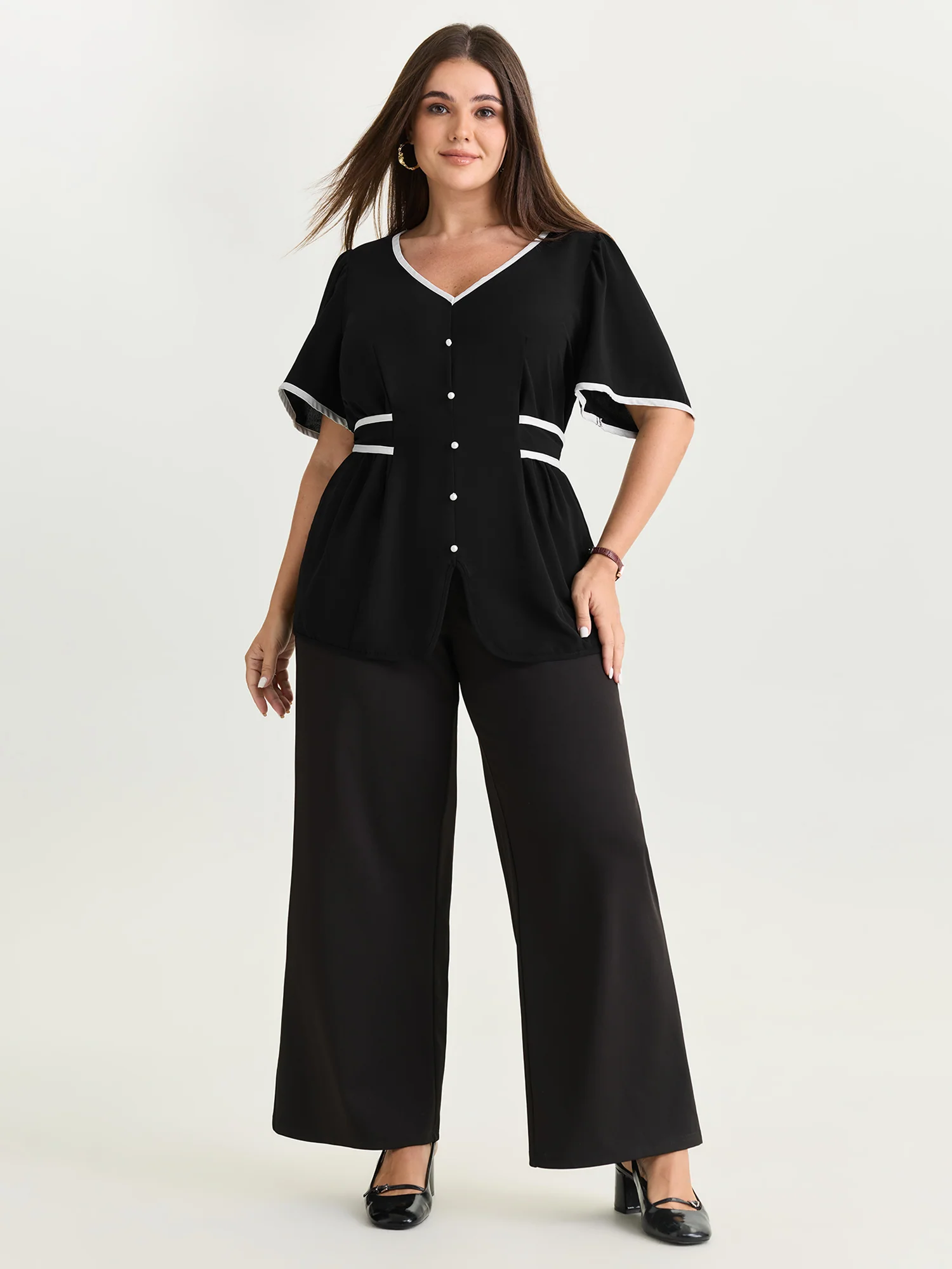 Color Contrast Edge Button Detail Blouse - Image 3
