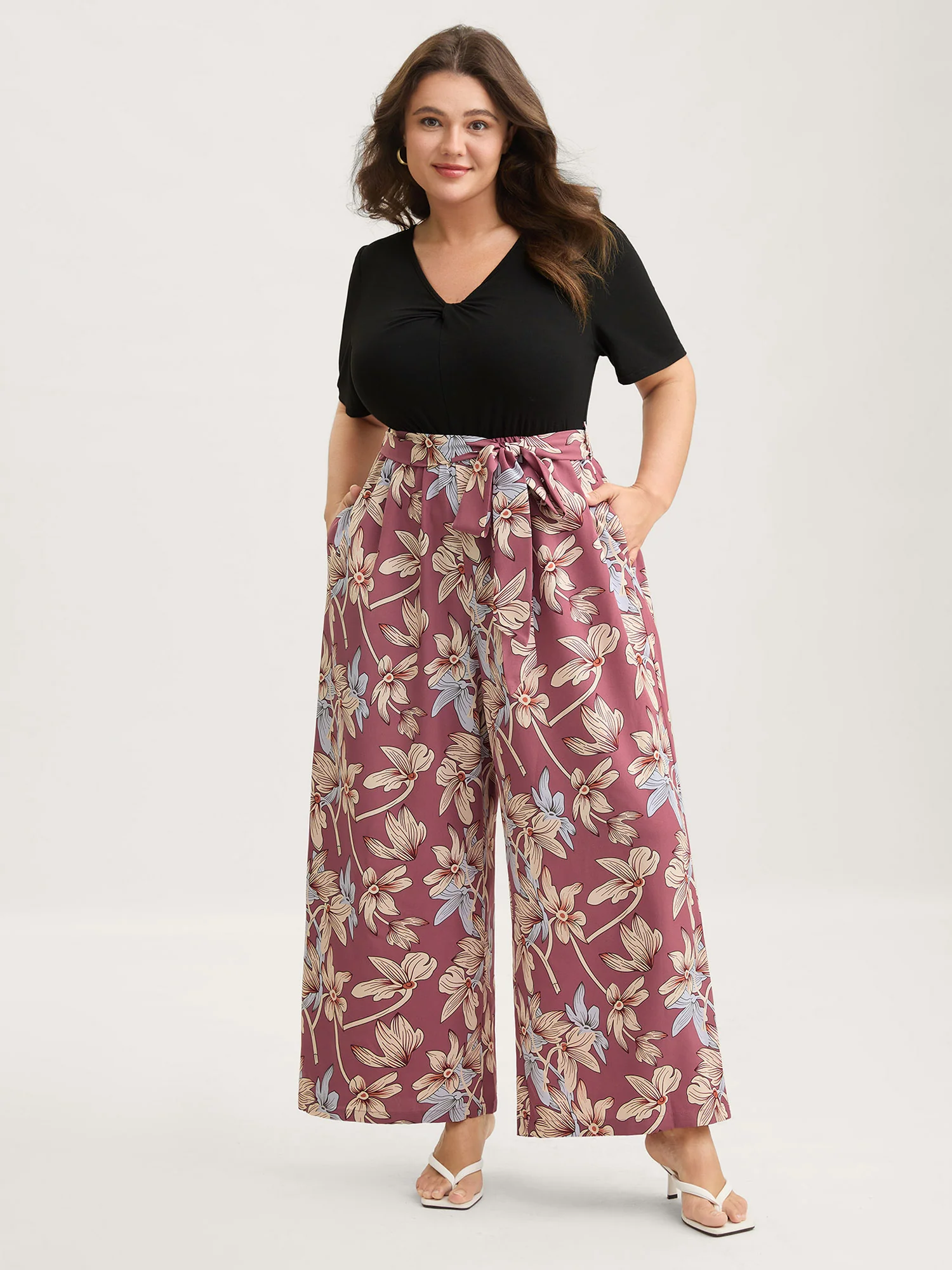 Color Contrast Floral Belted Jumpsuit