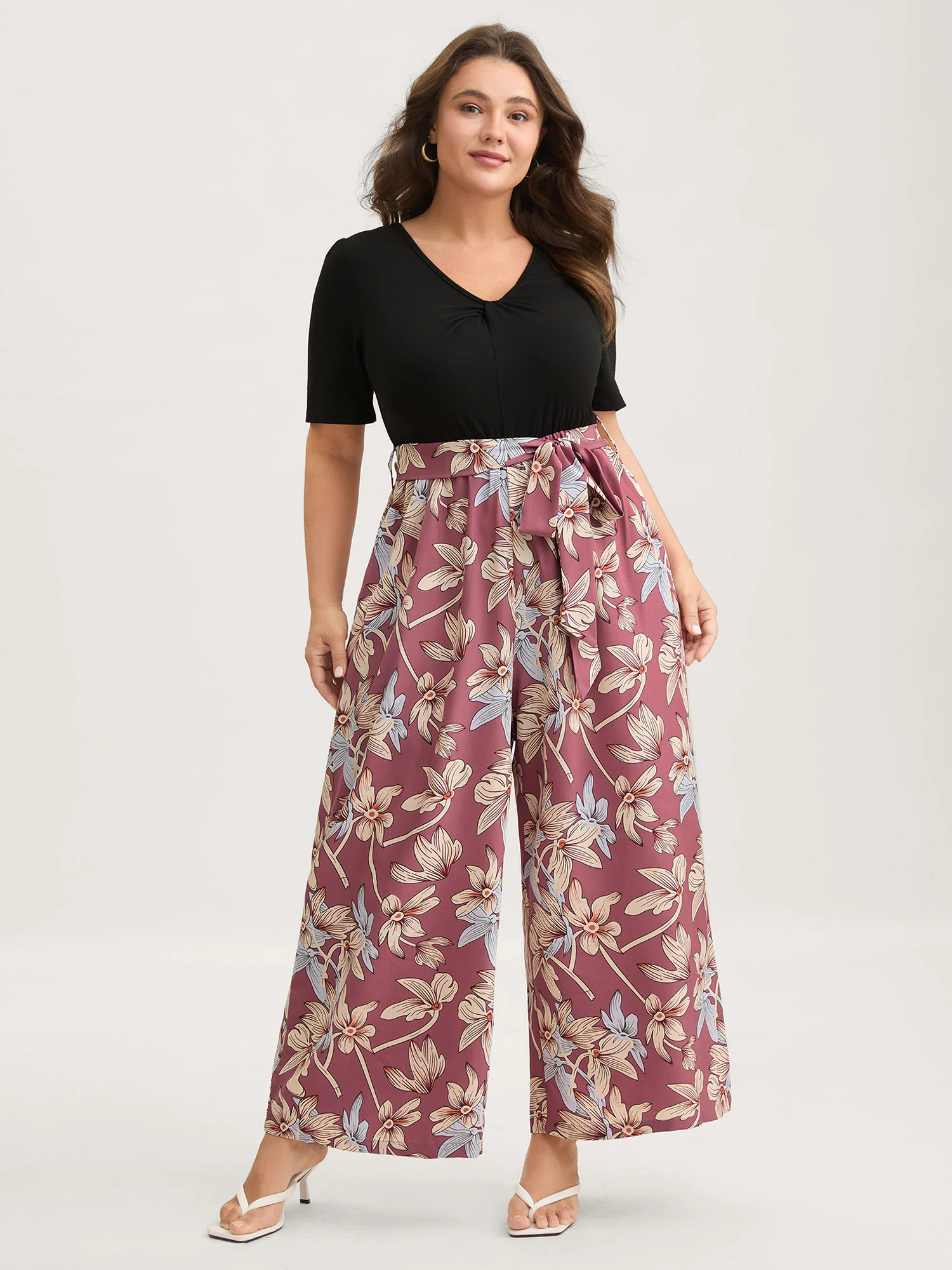 Color Contrast Floral Belted Jumpsuit - Image 3