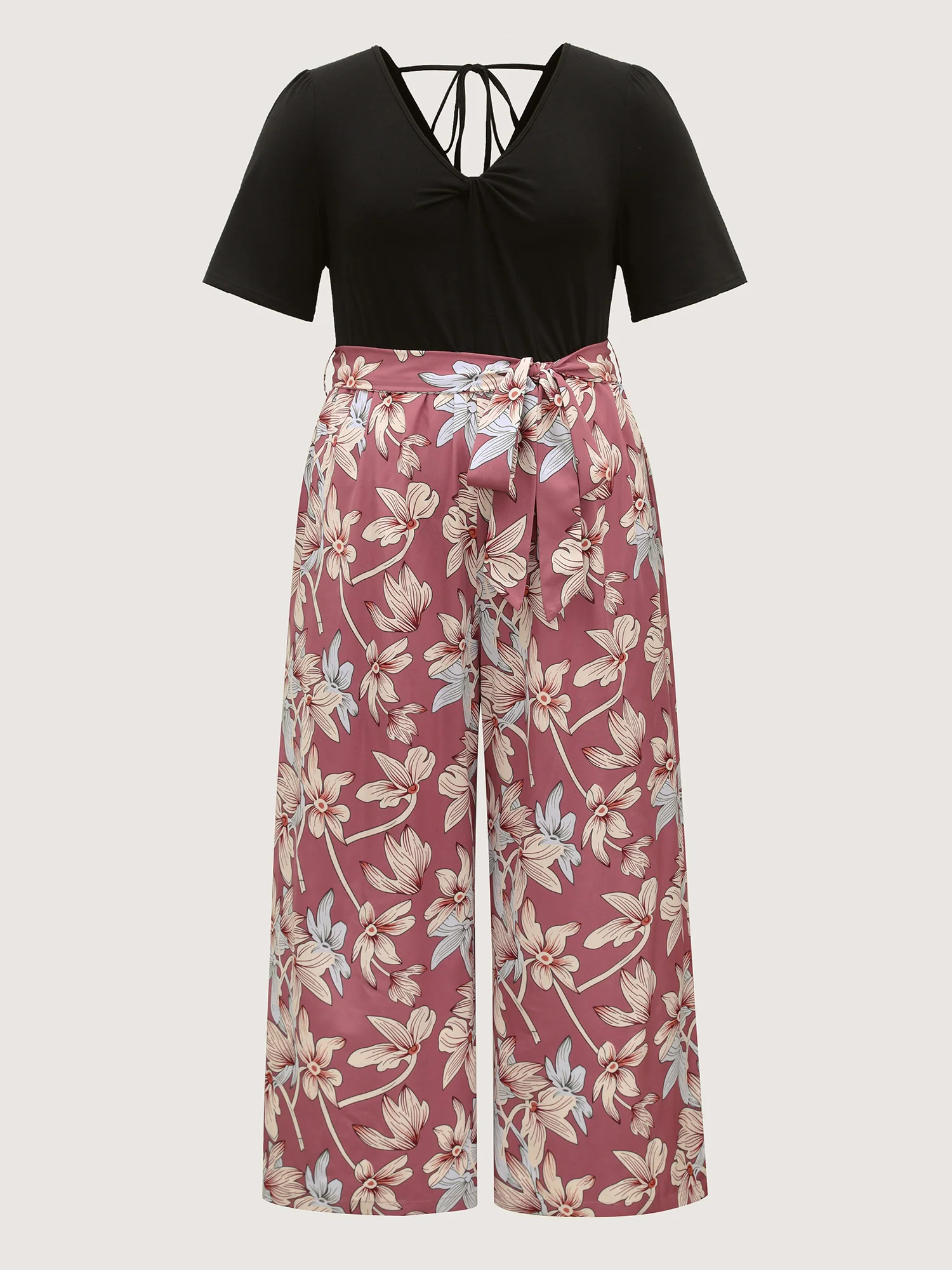 Color Contrast Floral Belted Jumpsuit - Image 7