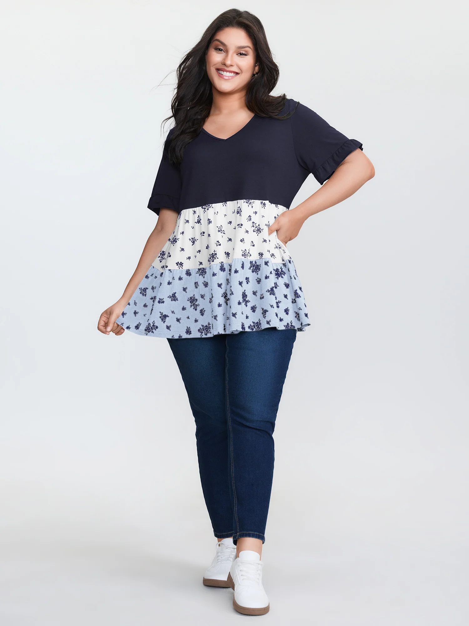 Color Contrast Floral Print Tiered Top - Image 11