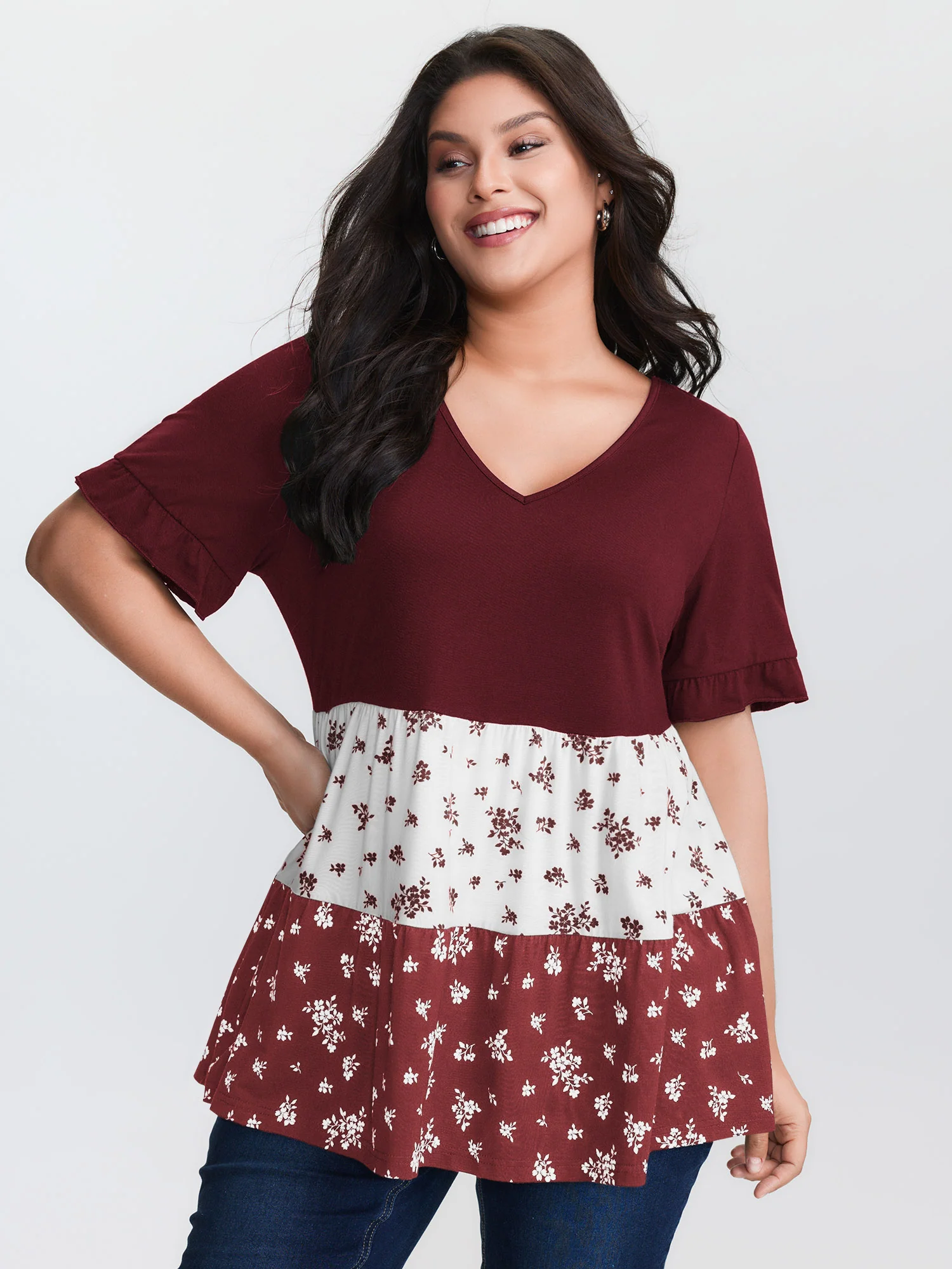 Color Contrast Floral Print Tiered Top - Image 14