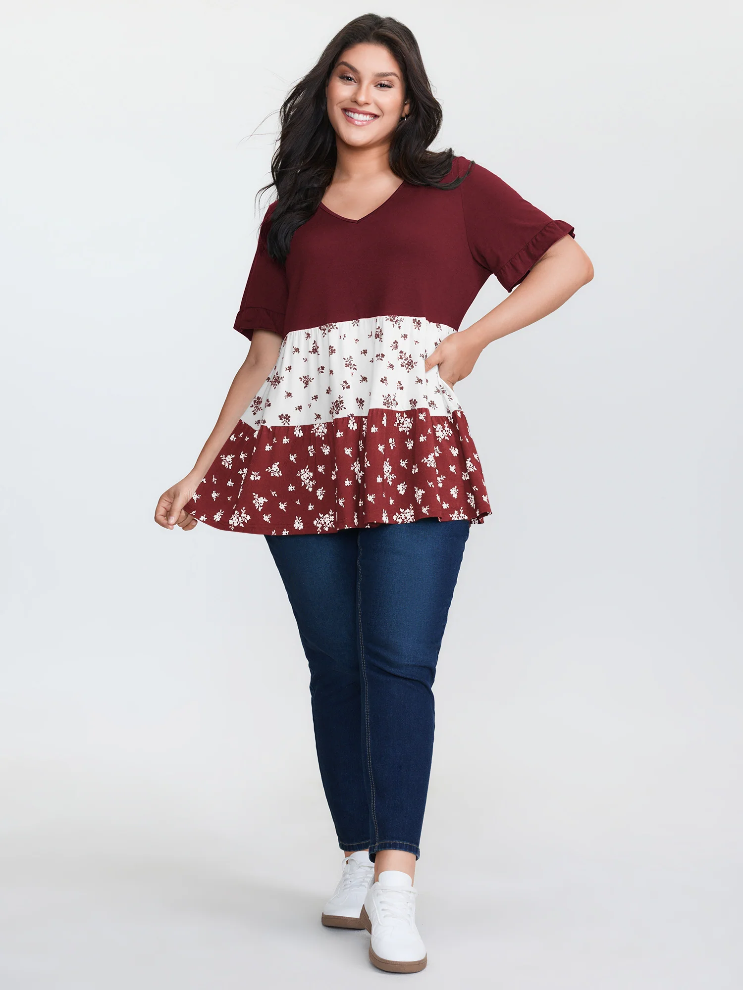 Color Contrast Floral Print Tiered Top - Image 16