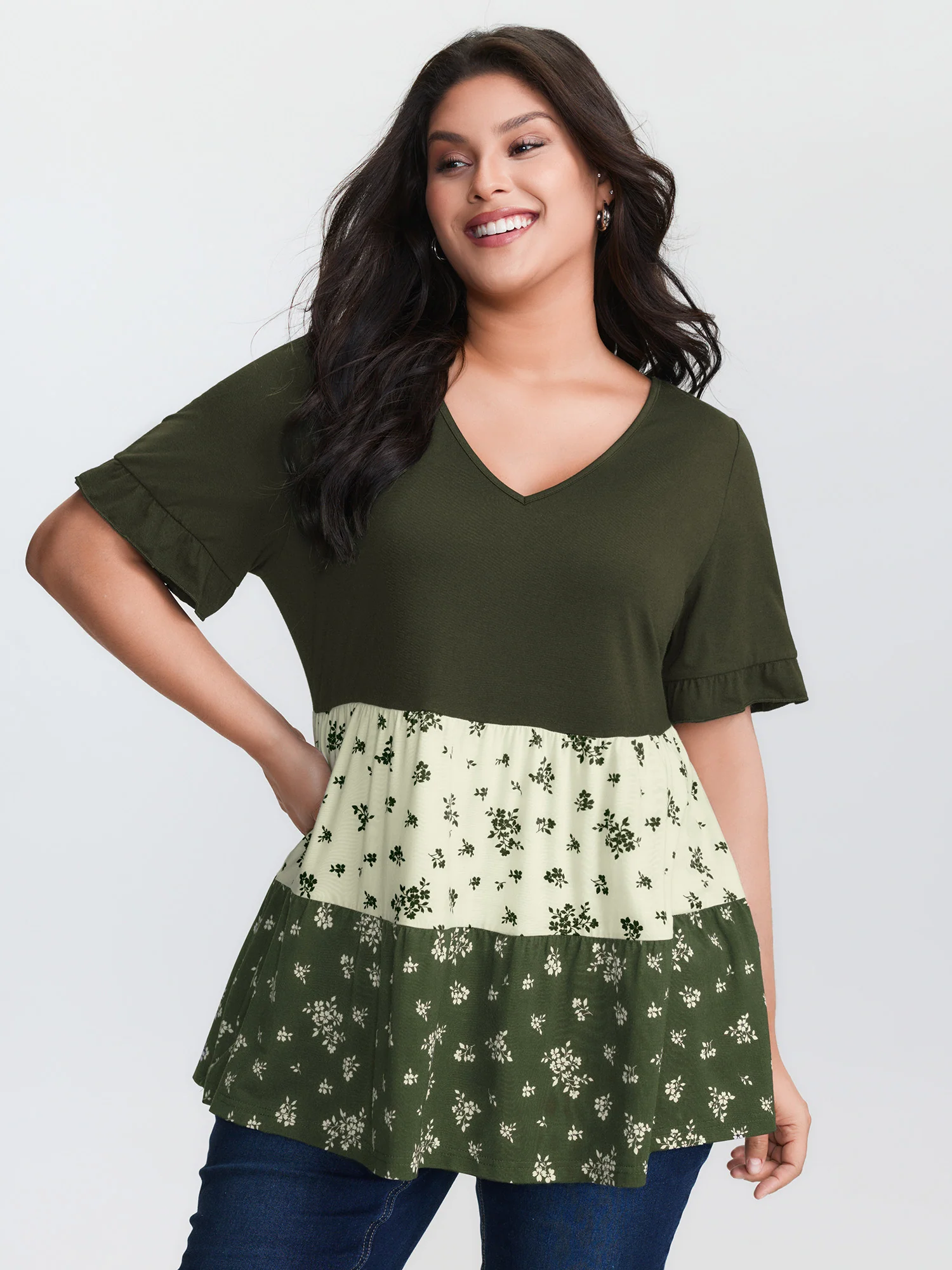 Color Contrast Floral Print Tiered Top - Image 19