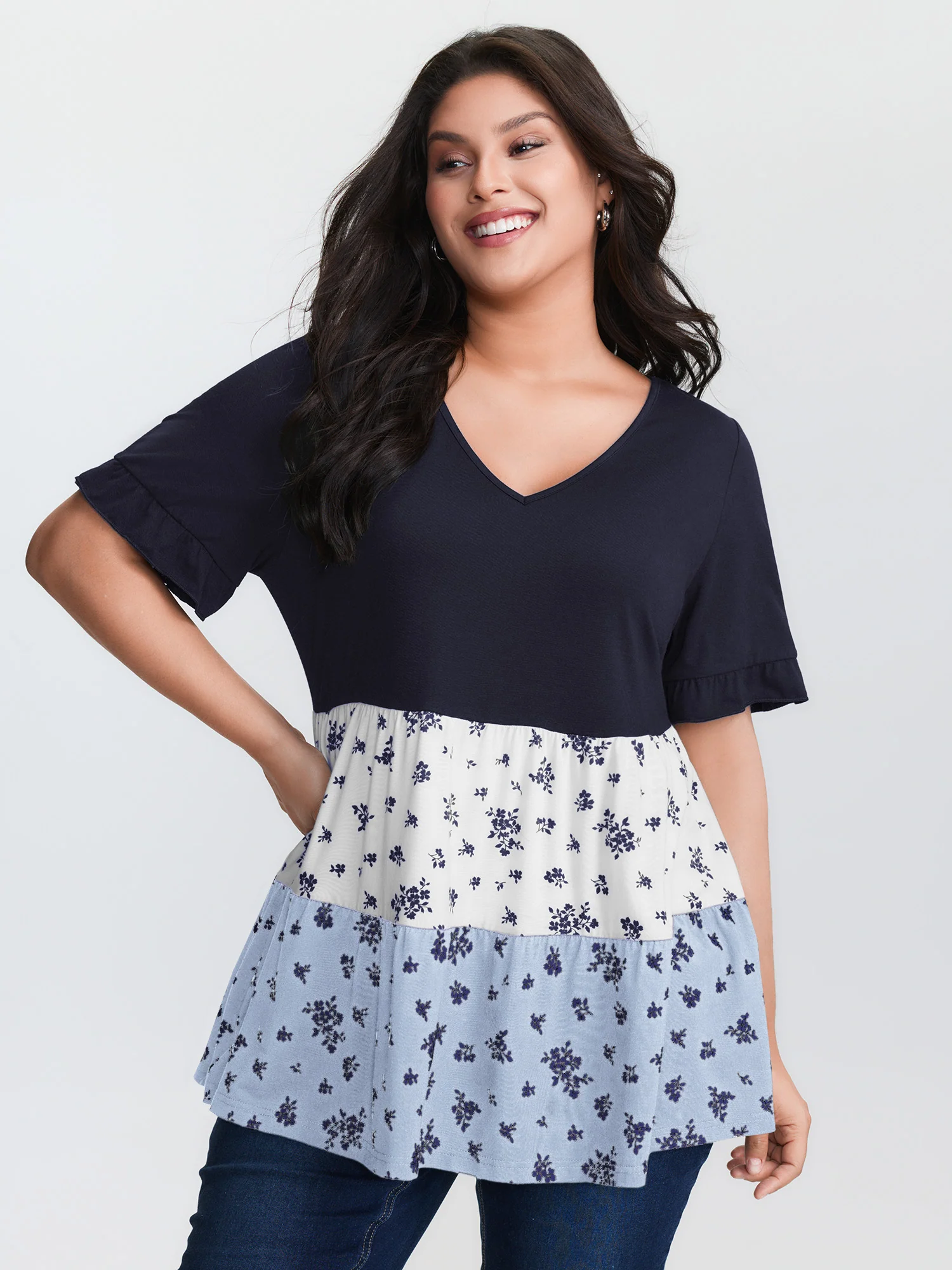Color Contrast Floral Print Tiered Top - Image 9