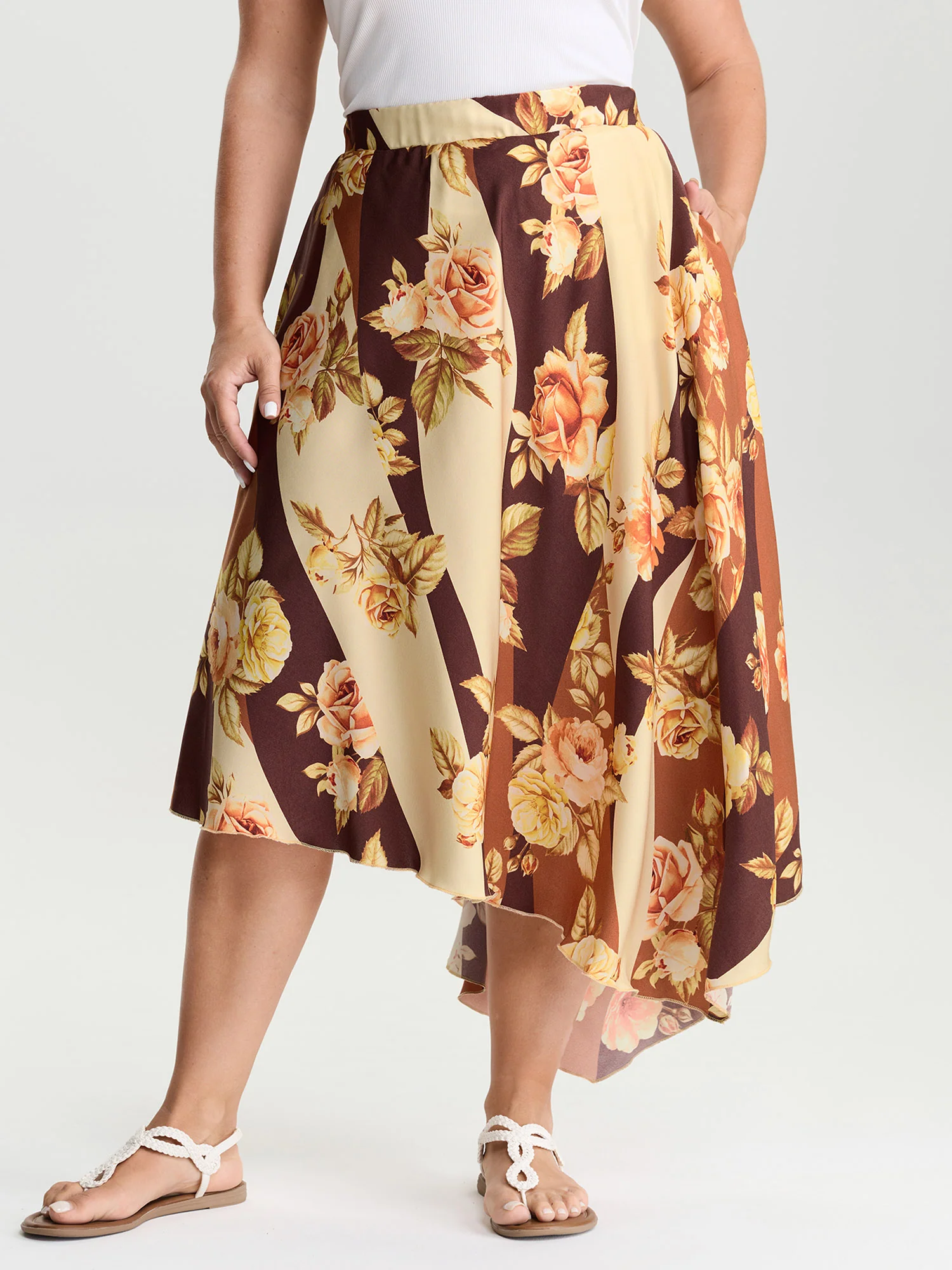 Color Contrast Floral Stripe Asymmetrical Maxi Skirt - Image 2