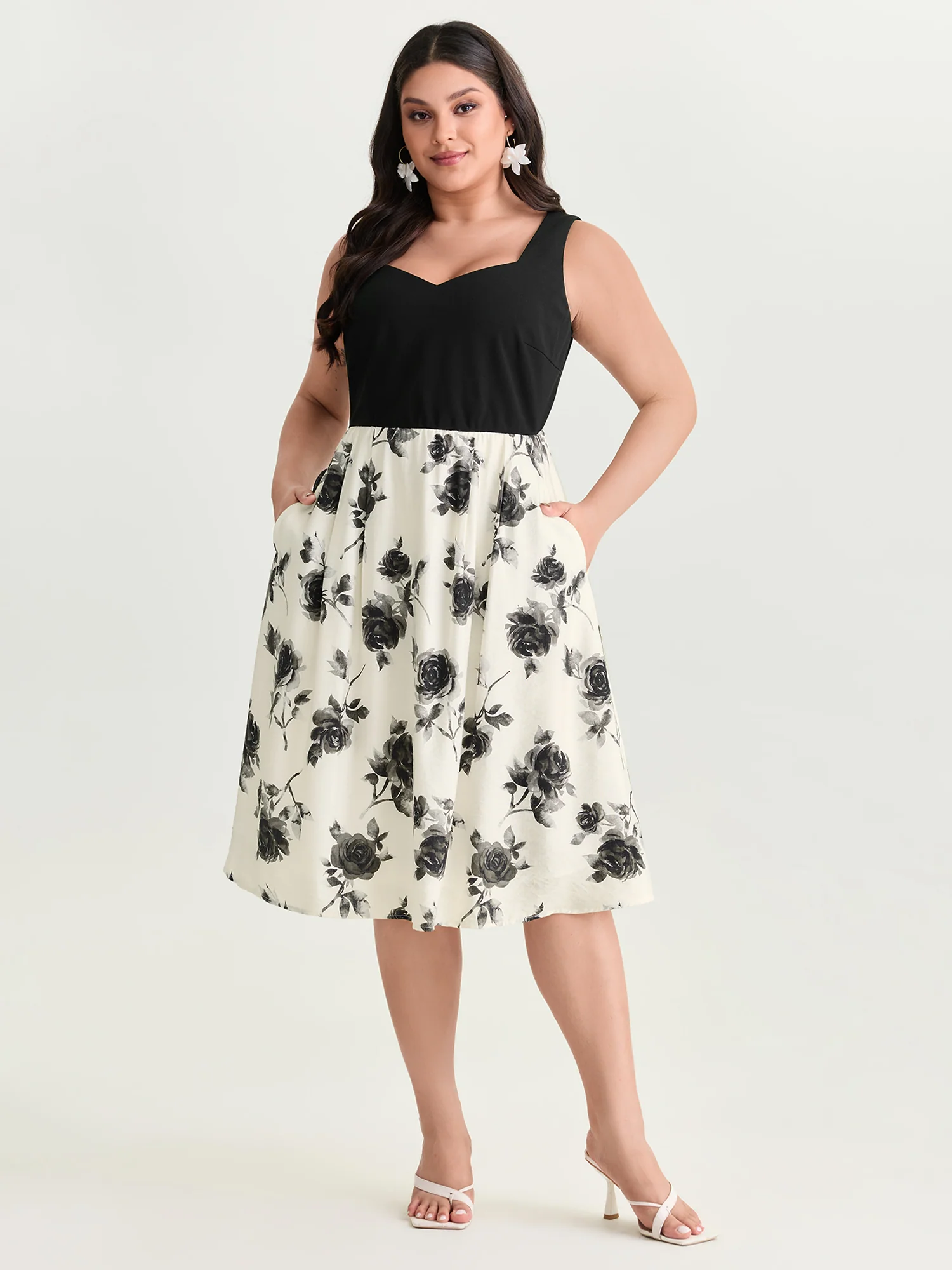 Color Contrast Floral Sweetheart Midi Dress - Image 3
