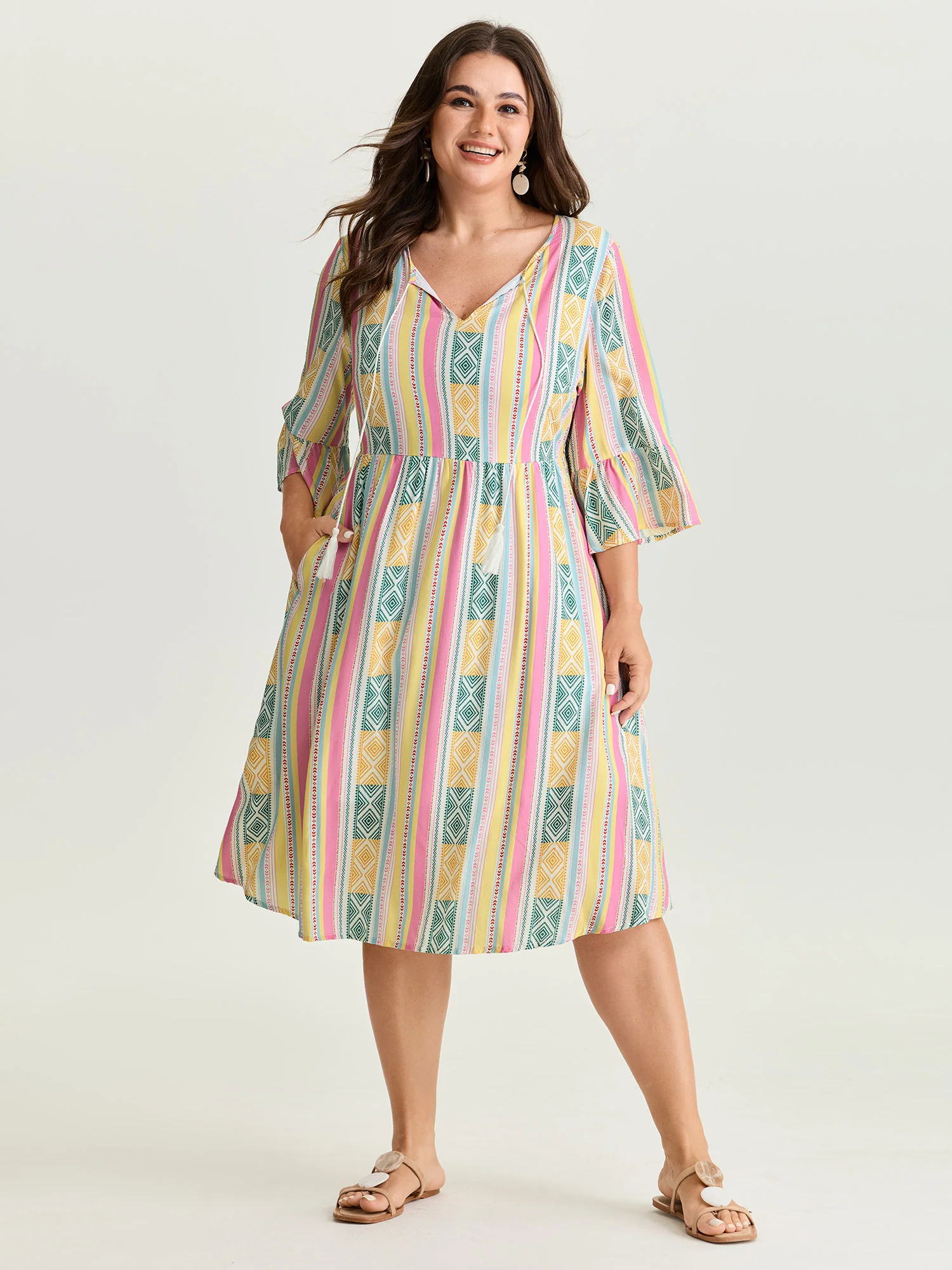 Color Contrast Geometric Print Stretchy Waist Mini Dress - Image 3